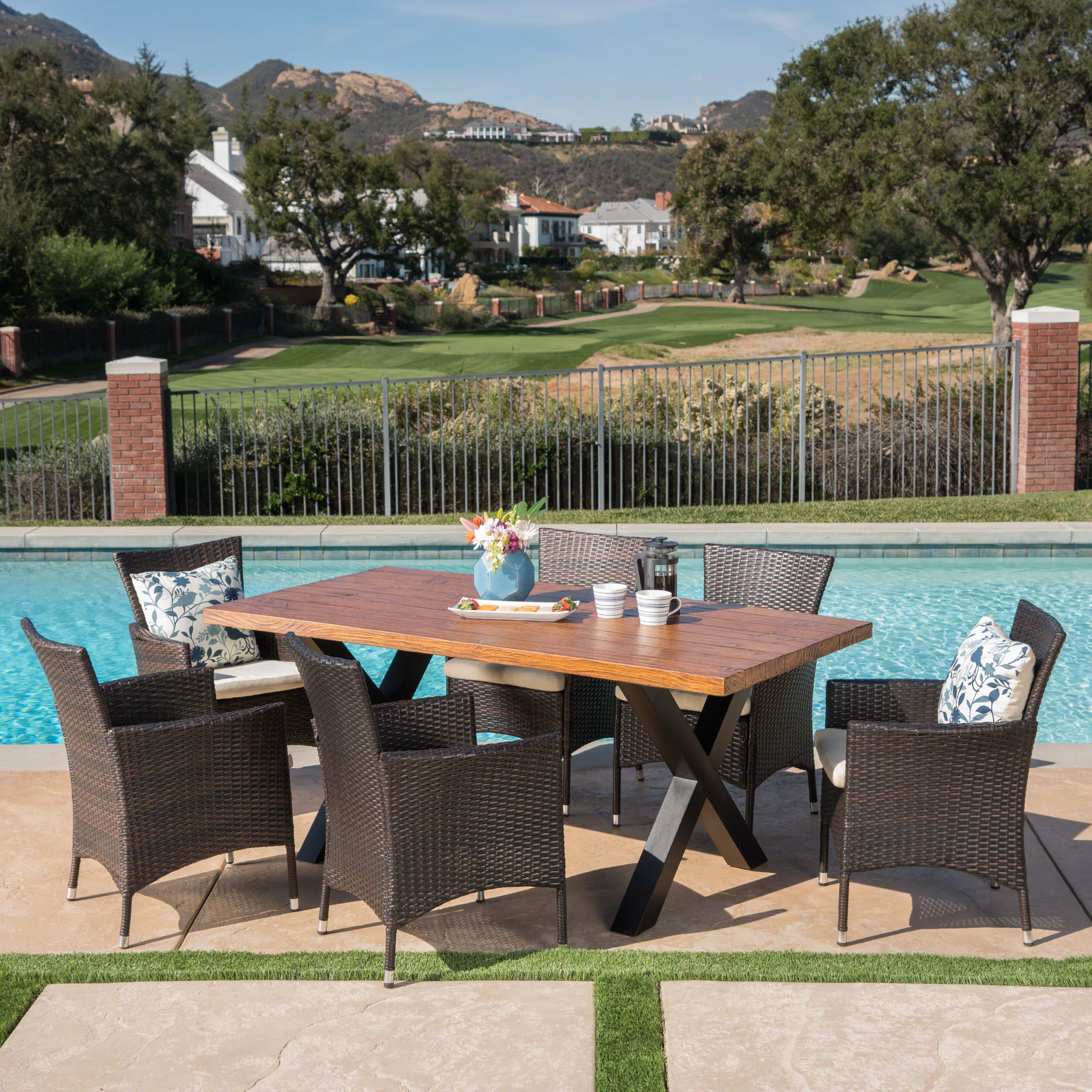 Joyce Outdoor 7 Piece Multi-brown Wicker Dining Set with Concrete Table - furnishings