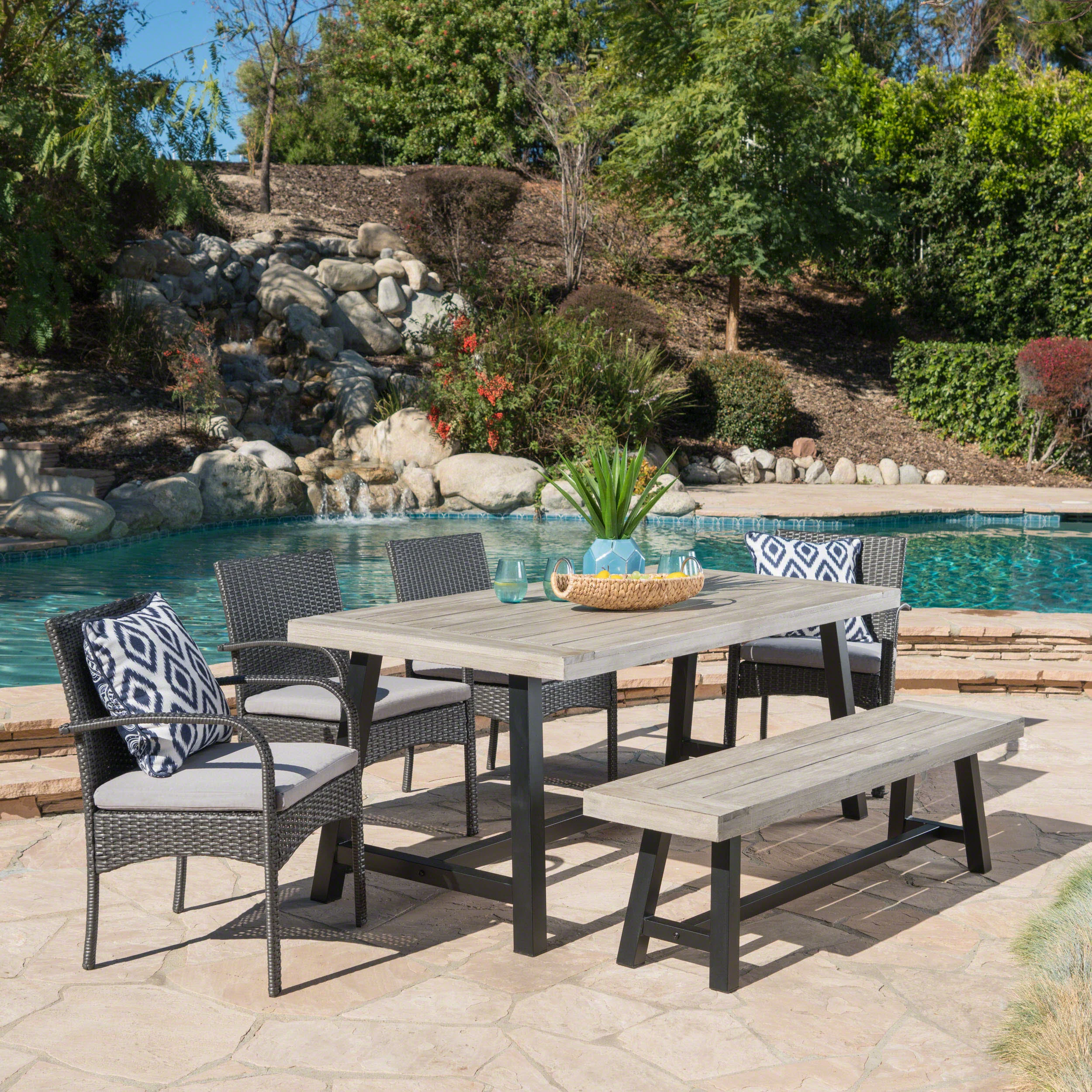 Louise Outdoor 6 Piece Wicker & Acacia Wood Dining Set - furnishings