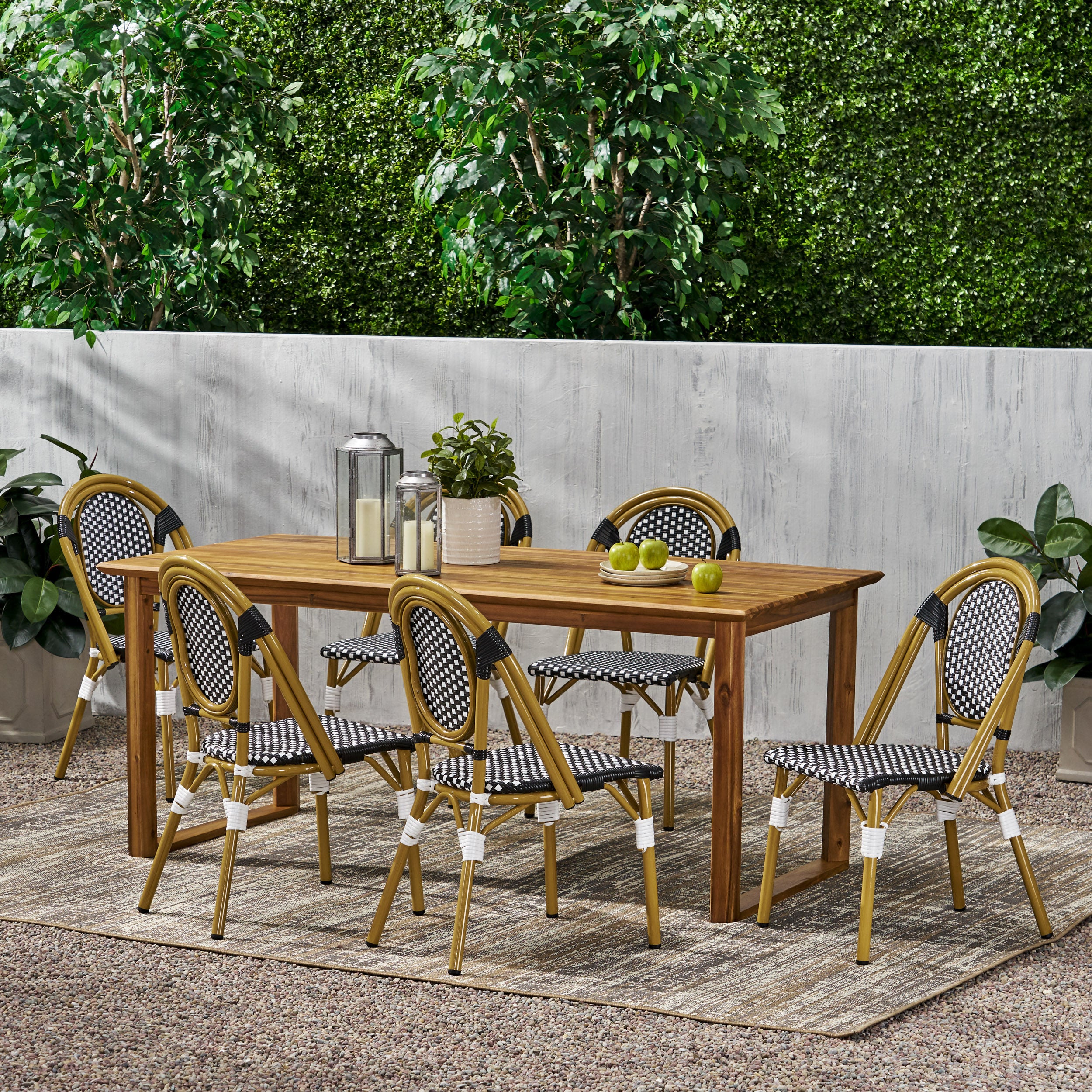 Varva Outdoor Acacia Wood and Wicker 7 Piece Dining Set - furnishings