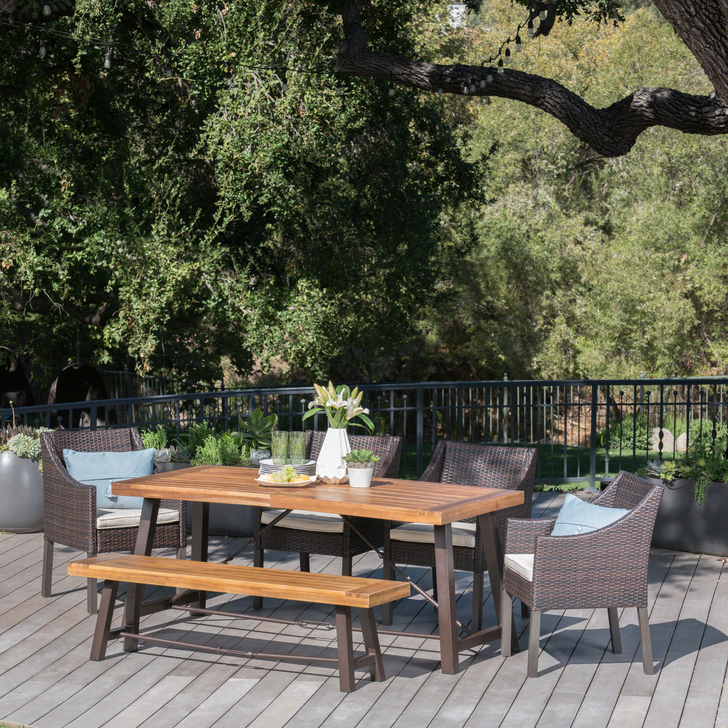 Bossad Outdoor 6 Piece Acacia Wood Dining Set with Wicker Dining Chairs - furnishings