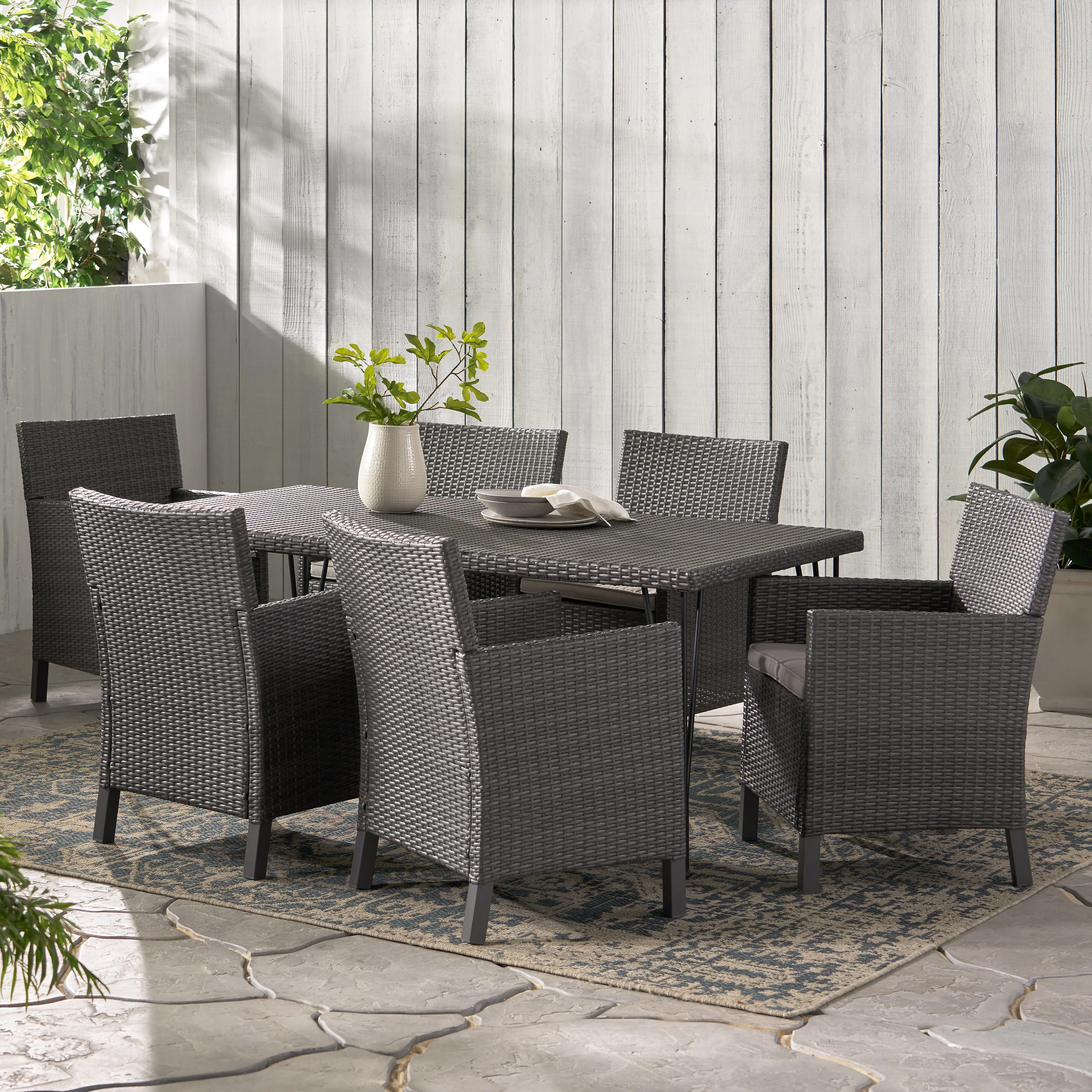 Darmel Outdoor 7 Piece Wicker Dining Set with Water Resistant Cushions - furnishings