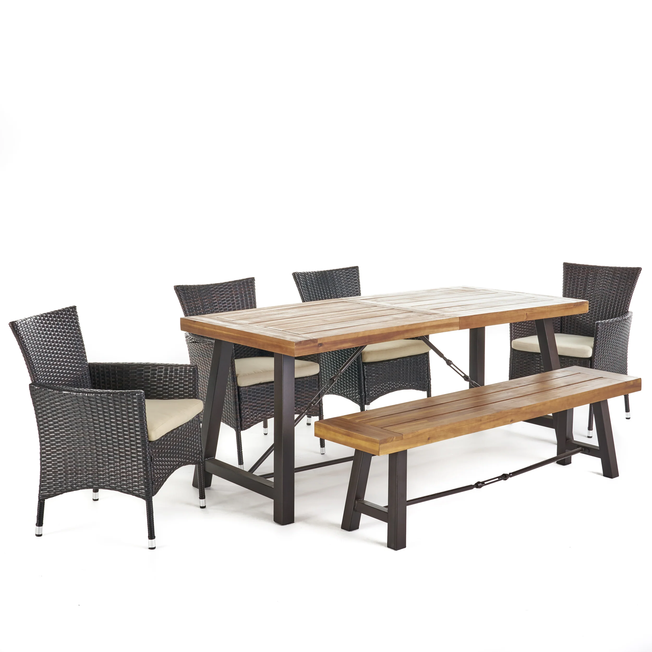 Jenine Outdoor 6 Piece Teak Finished Acacia Wood Dining Set with Multi-brown Dining Chairs - furnishings