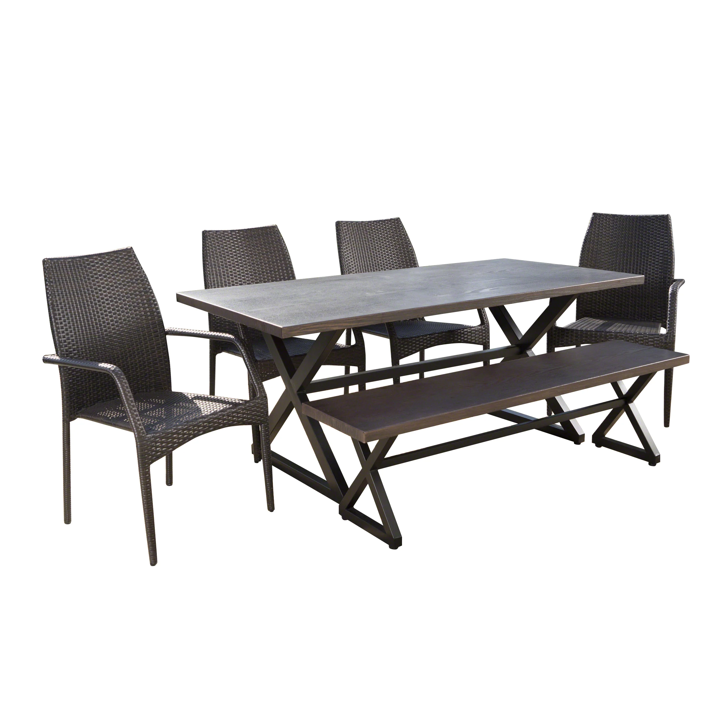 Cassandra Outdoor 6 Piece Brown Aluminum Dining Set with Bench and Wicker Chairs - furnishings