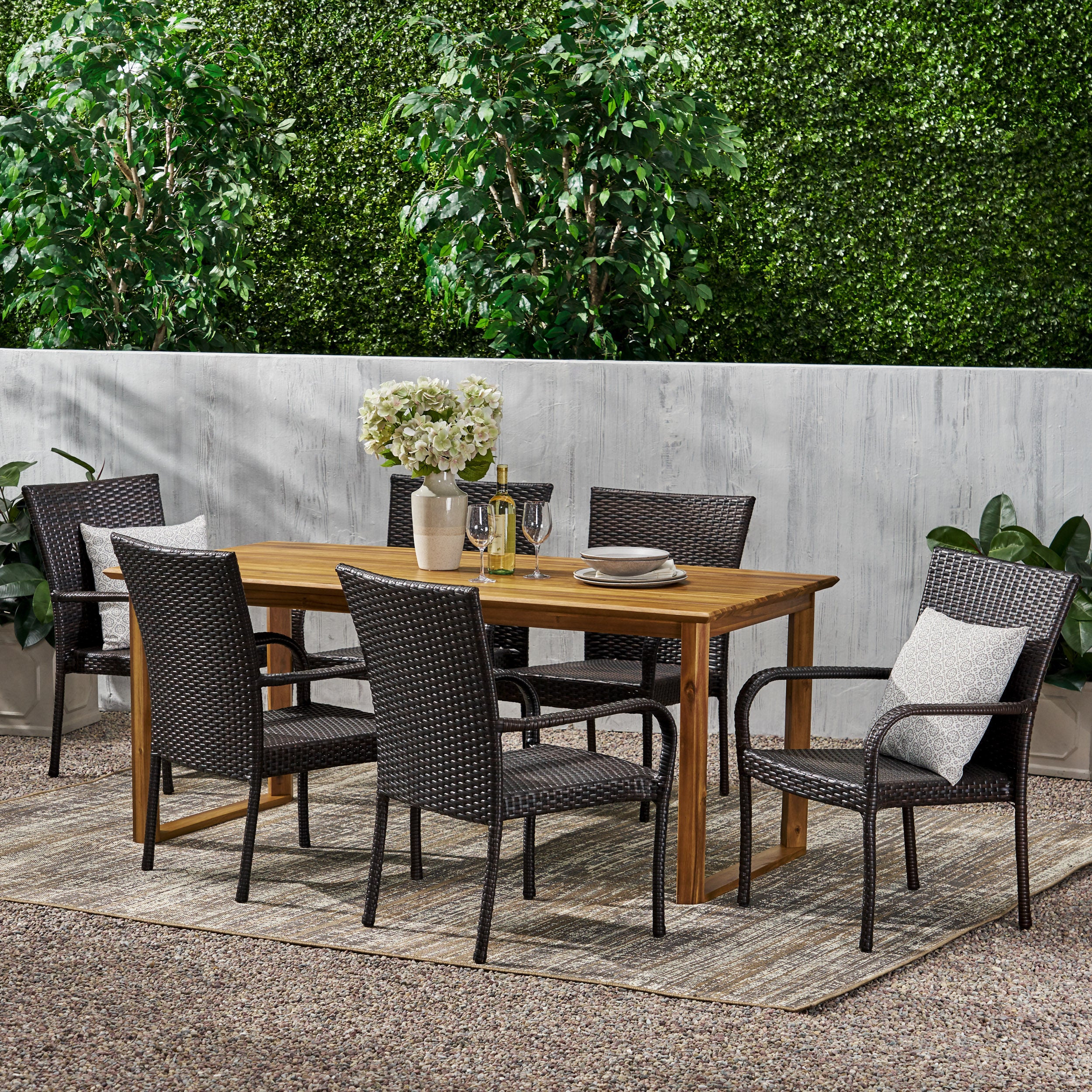Conifer Outdoor Acacia Wood and Wicker 7 Piece Dining Set - furnishings