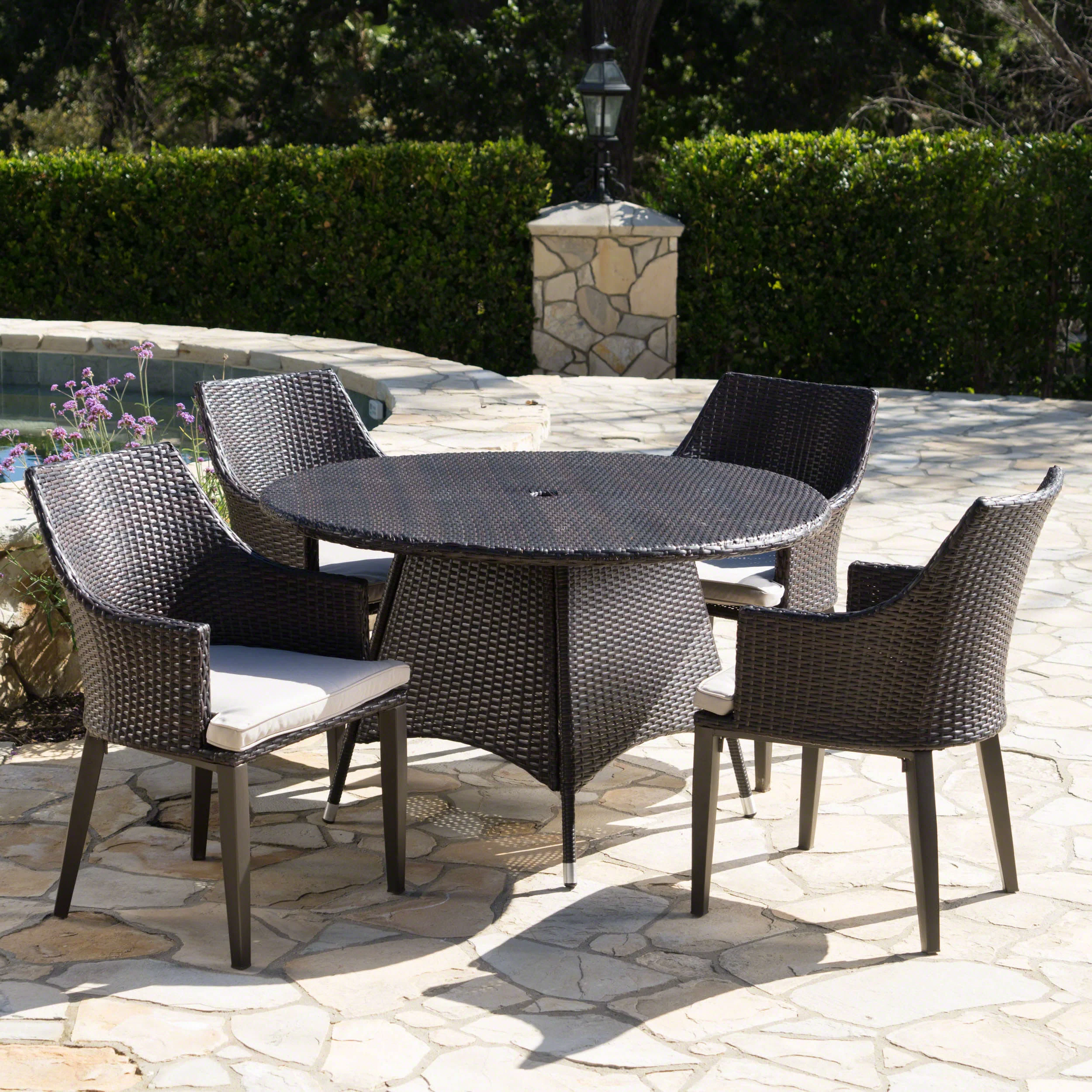 Leeward Outdoor 5 Piece Wicker Round Dining Set with Water Resistant Cushions - furnishings