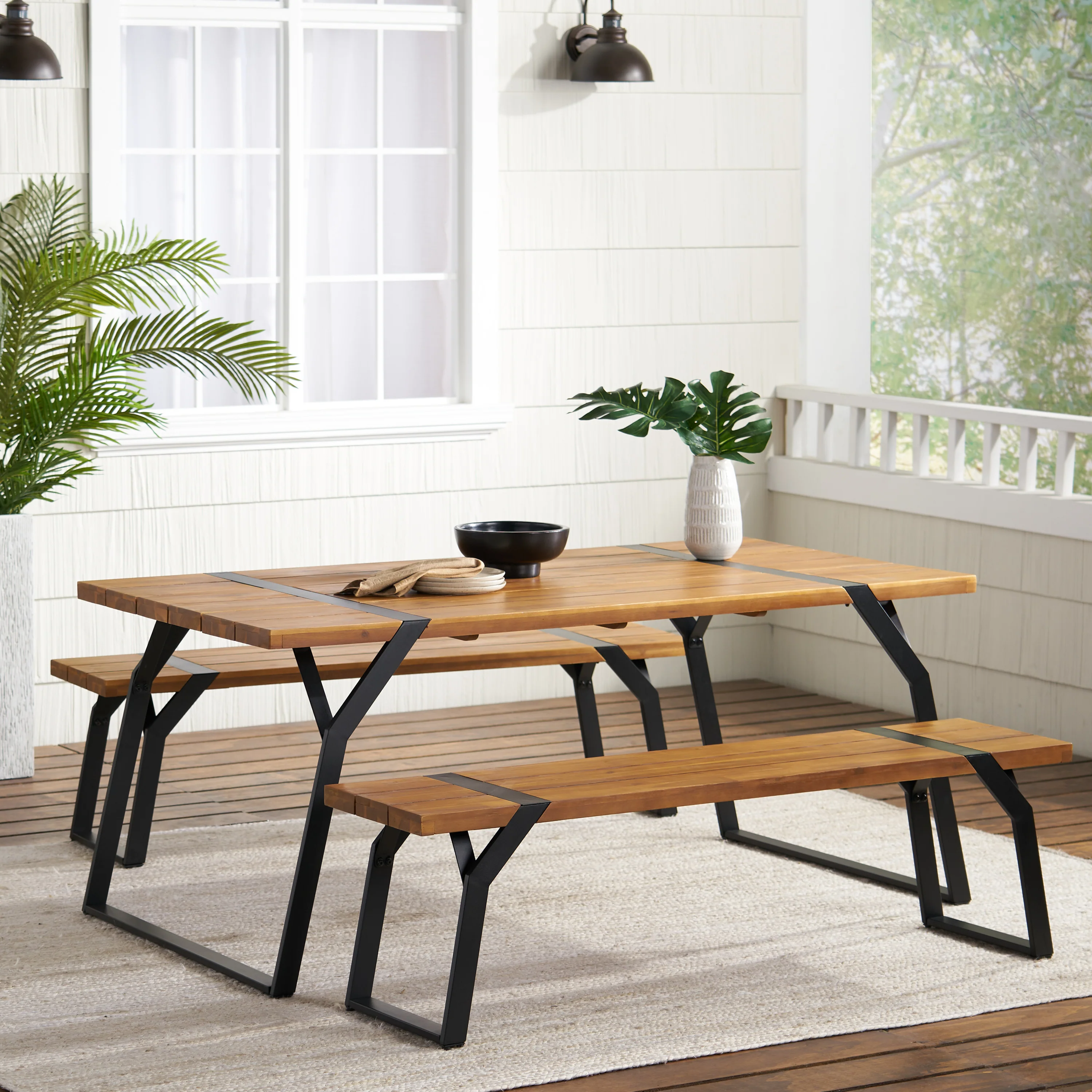 Pepple Outdoor Acacia Wood 3 Piece Picnic Dining Set, Teak and Black - furnishings
