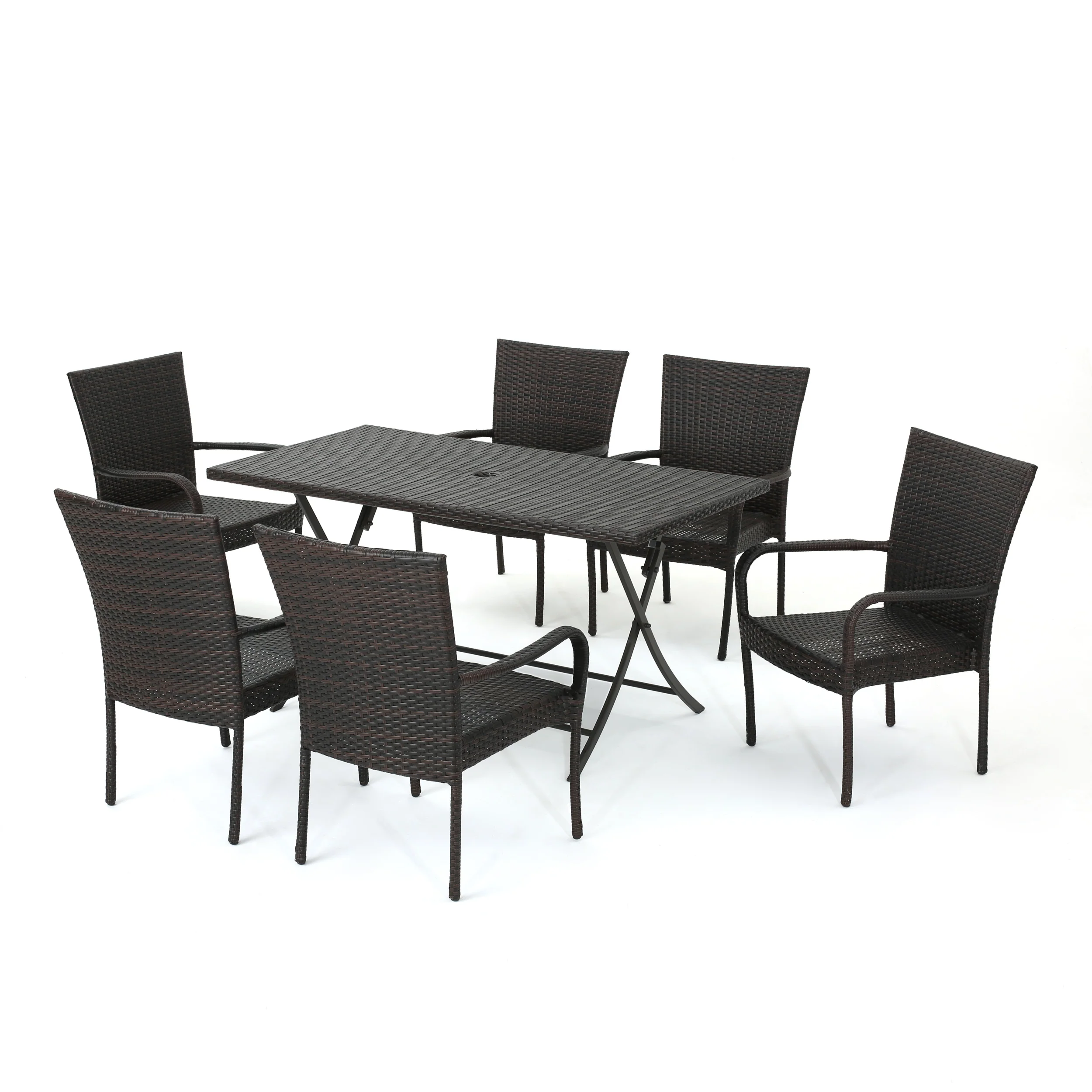 Nina Outdoor 7-Piece Multi-Brown Wicker Dining Set with Foldable Table - furnishings