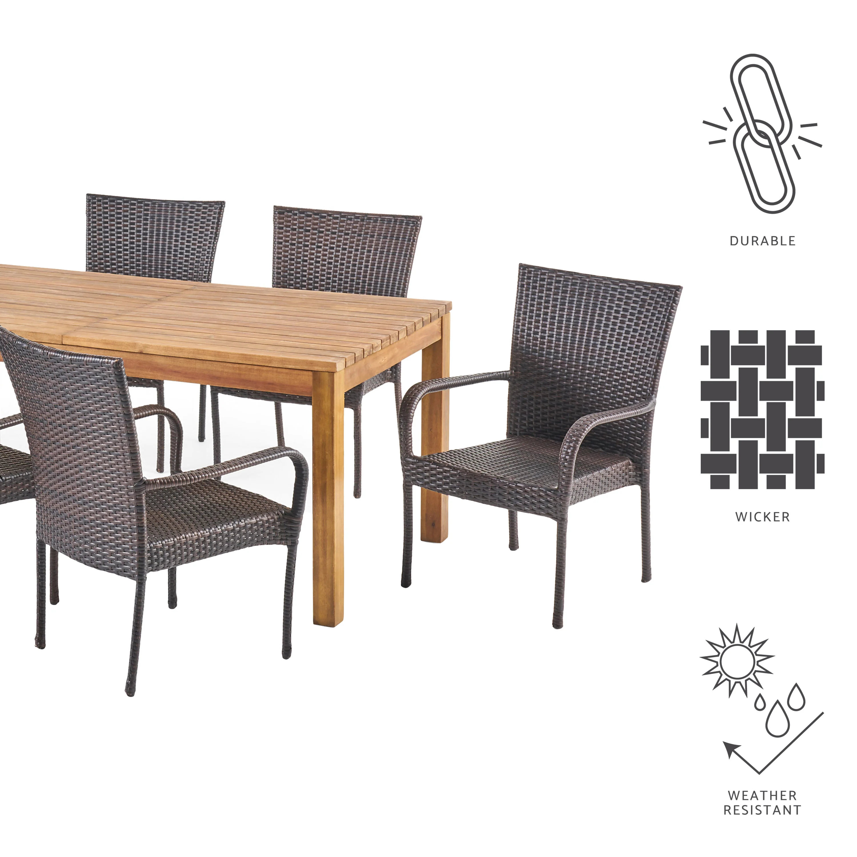 Delilah Outdoor 7 Piece Wicker Dining Set with Wood Expandable Dining Table - furnishings