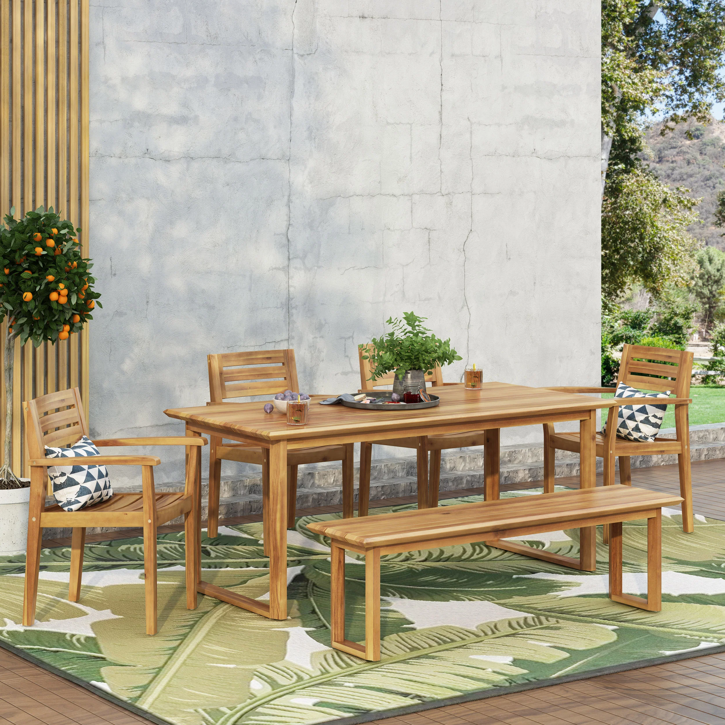 Nibley Outdoor Acacia Wood 6 Piece Dining Set with Bench - furnishings