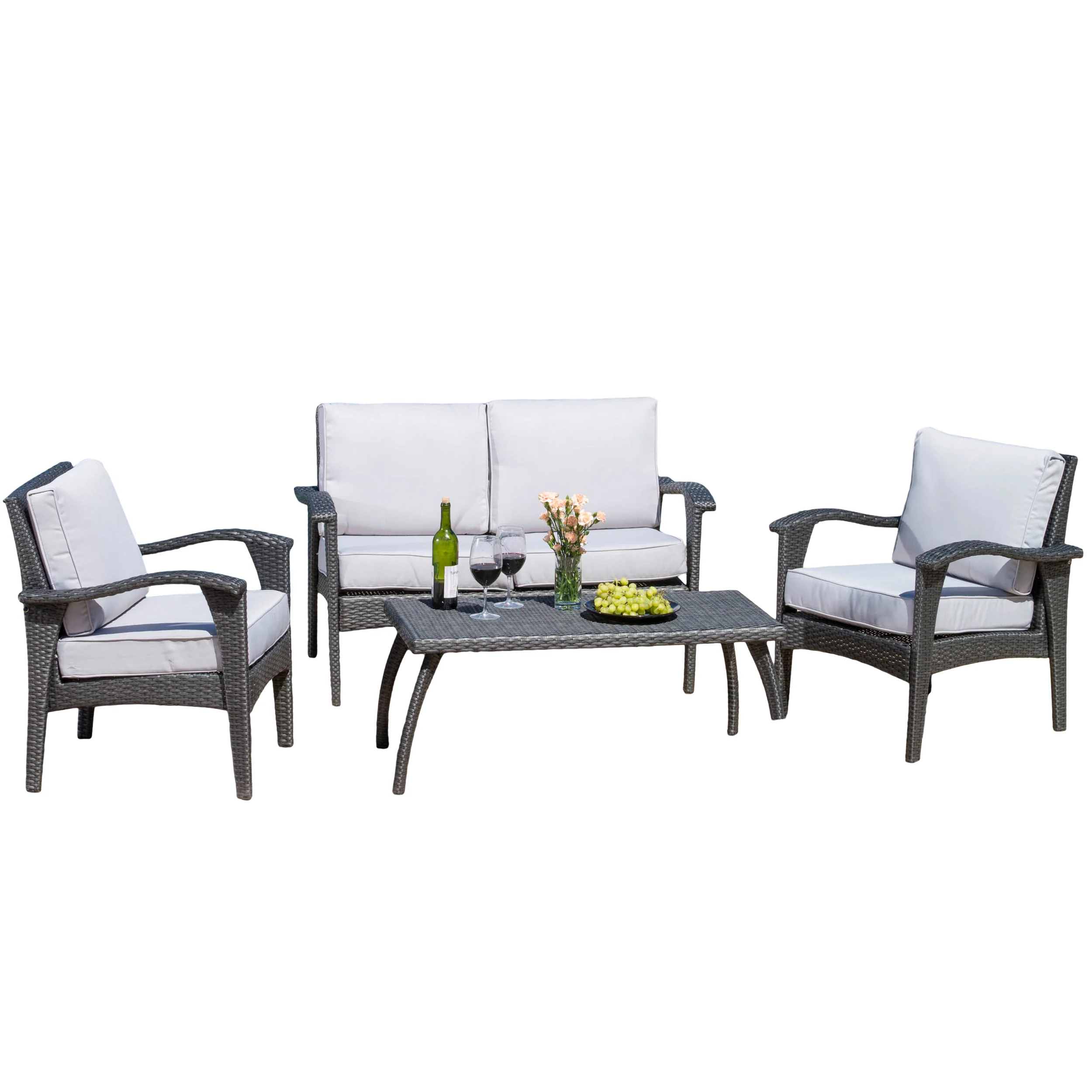 Voyage Outdoor 4 Piece Gray Wicker Chat Set with Cushions - furnishings
