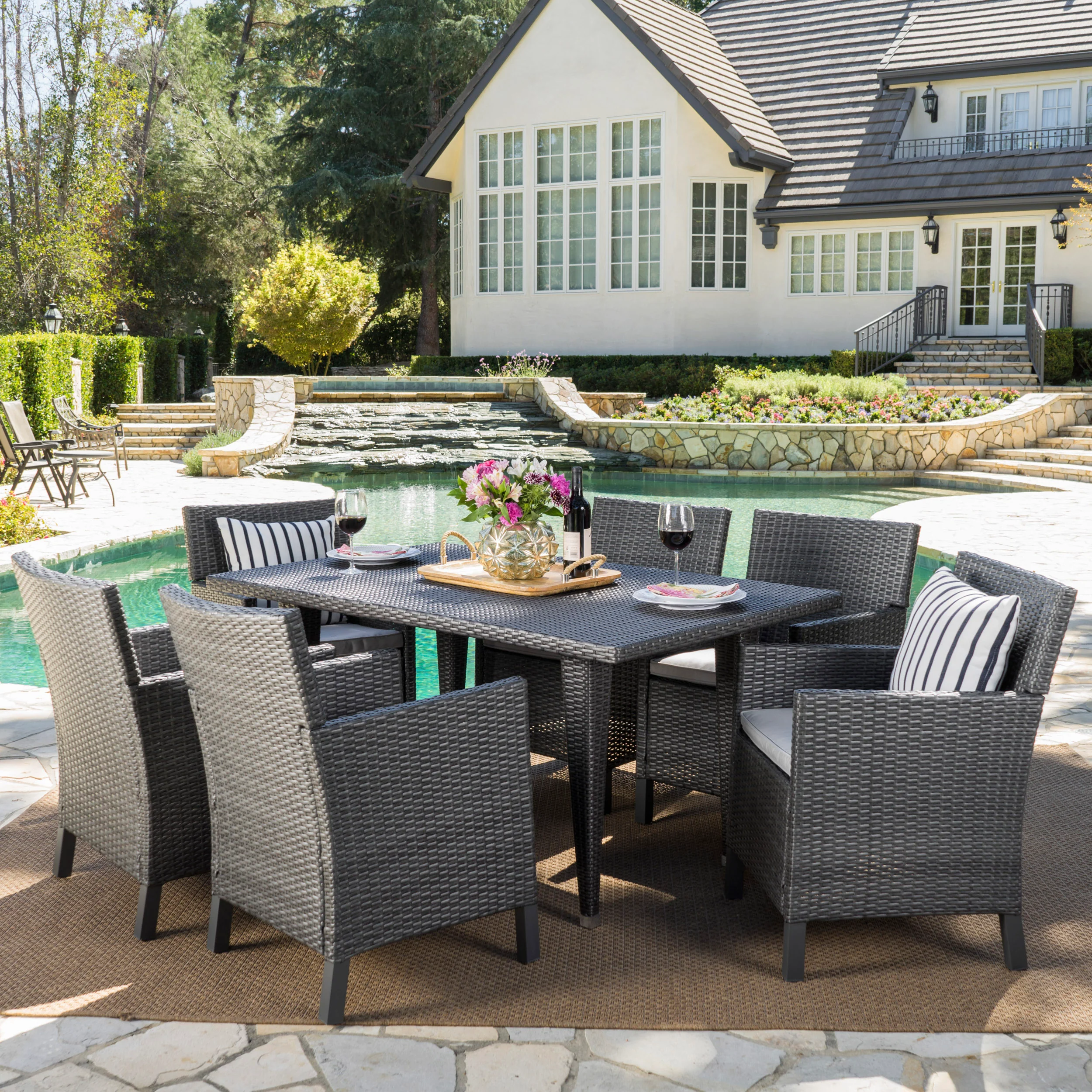 Cerrenne Outdoor 7 Piece Wicker Dining Set with Water Resistant Cushions - furnishings