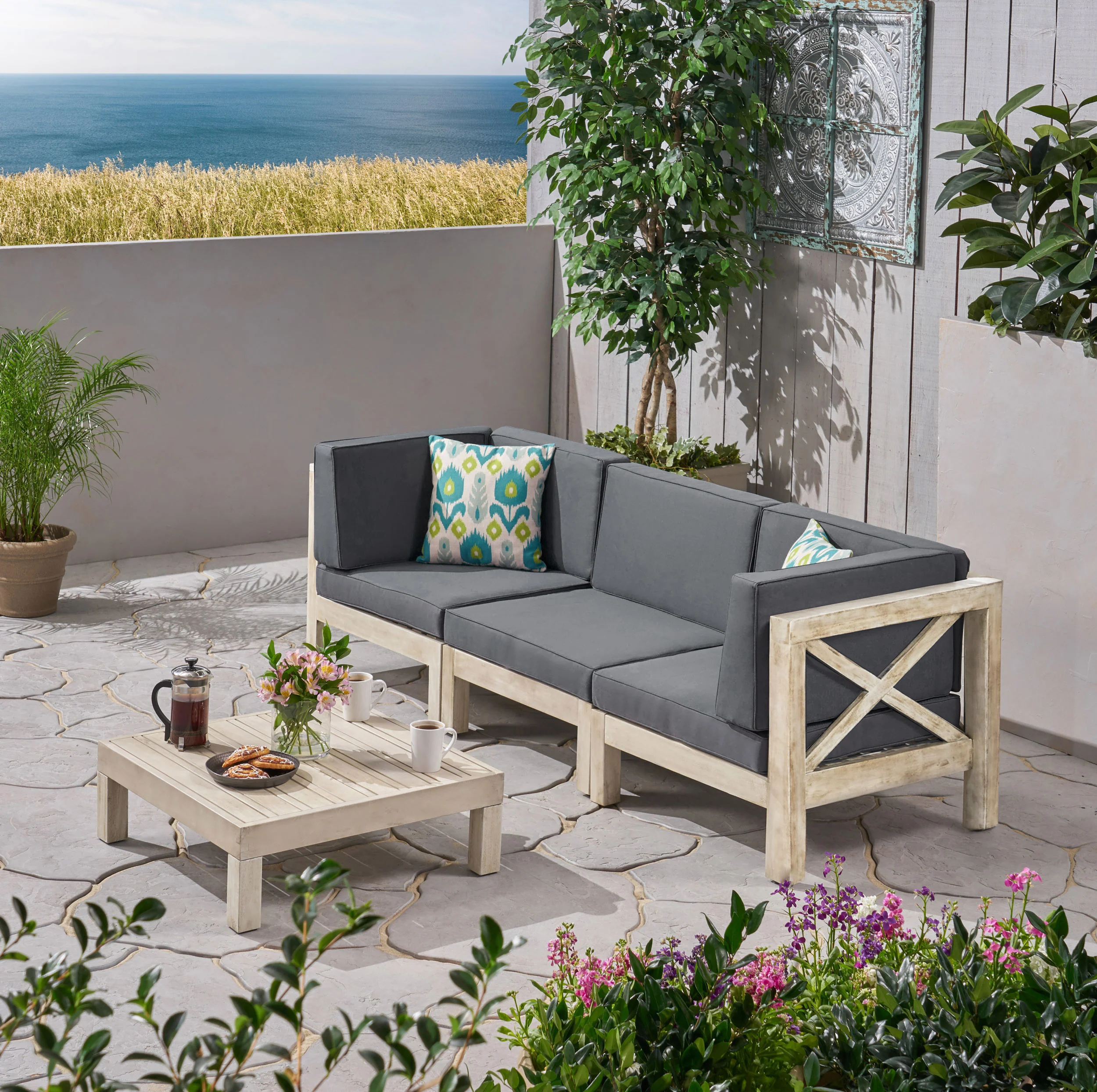 Brava Outdoor Modular Acacia Wood Sofa and Coffee Table Set with Cushions - furnishings
