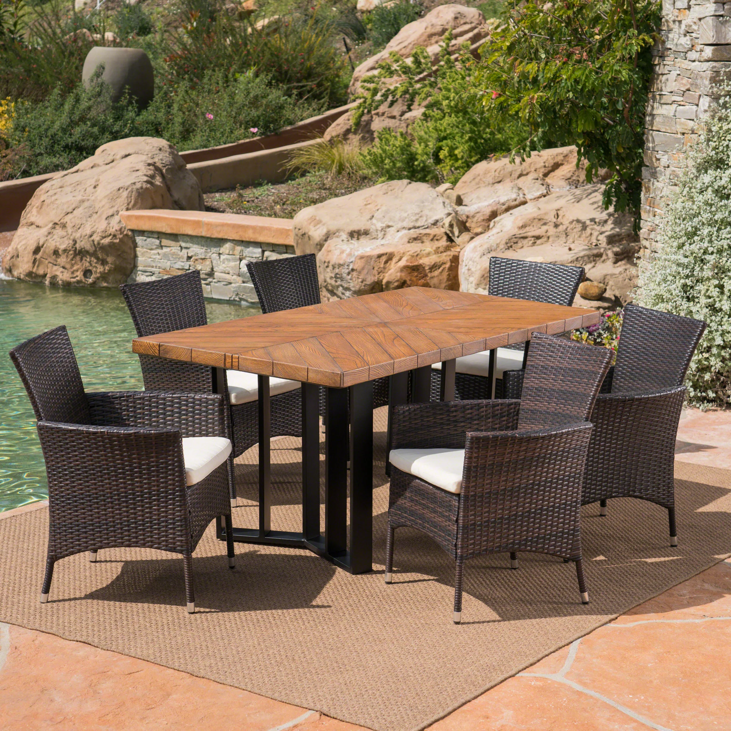 Truda Outdoor 7 Piece Wicker Dining Set with Concrete Dining Table - furnishings