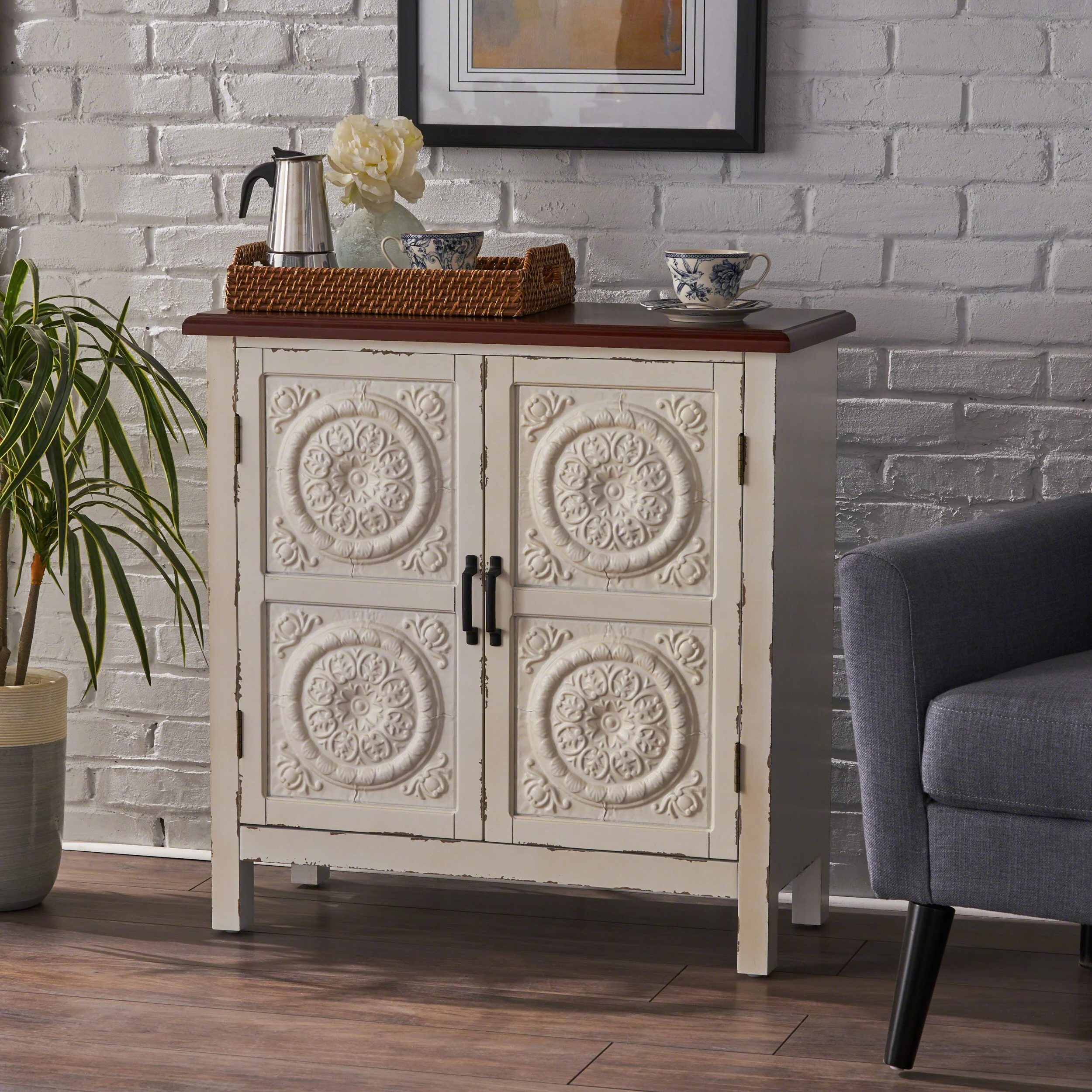 Aliana Finished Firwood Cabinet with Faux Wood Overlay and Accented Top - furnishings