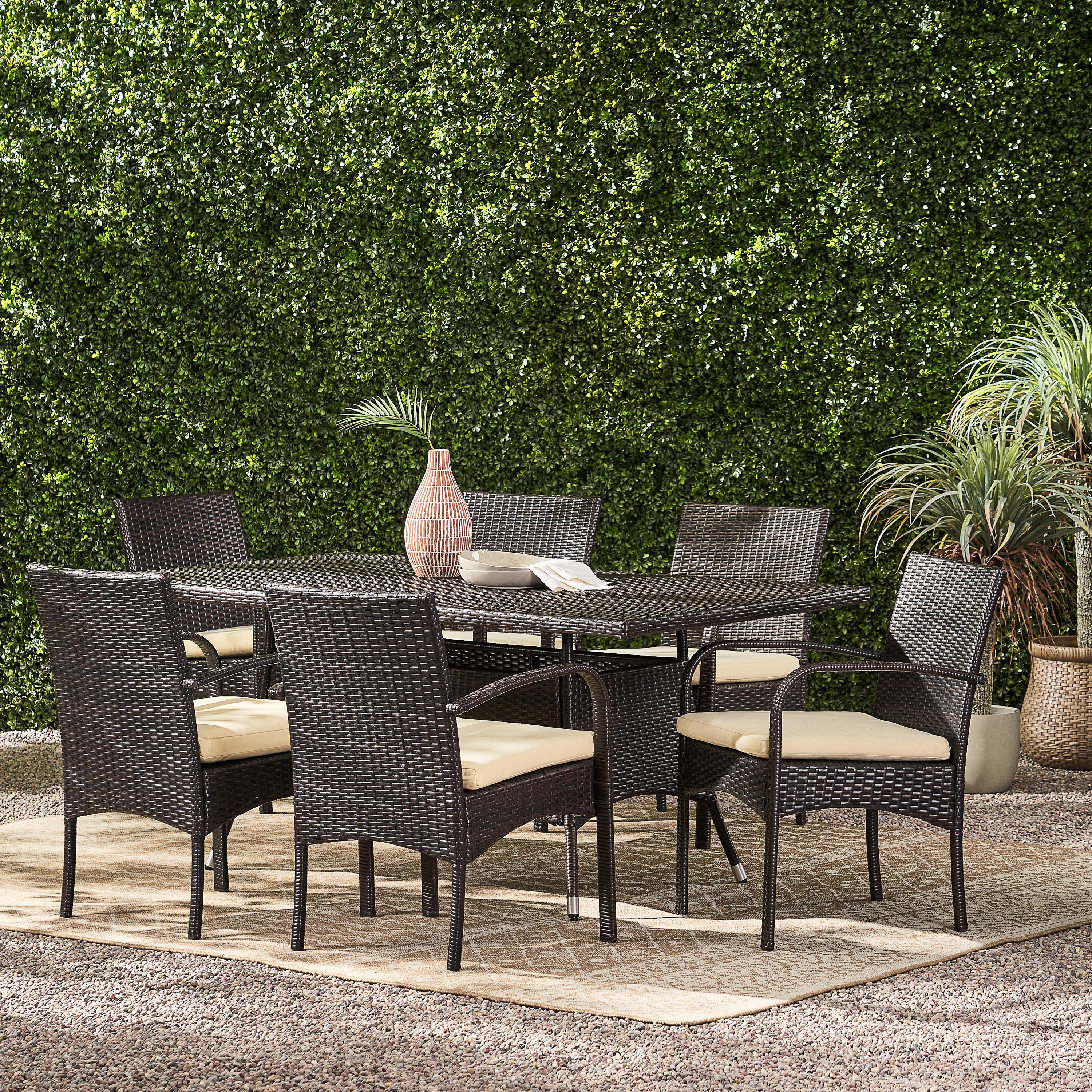 Carmela Outdoor 7pc Multibrown PE Wicker Long Dining Set - furnishings