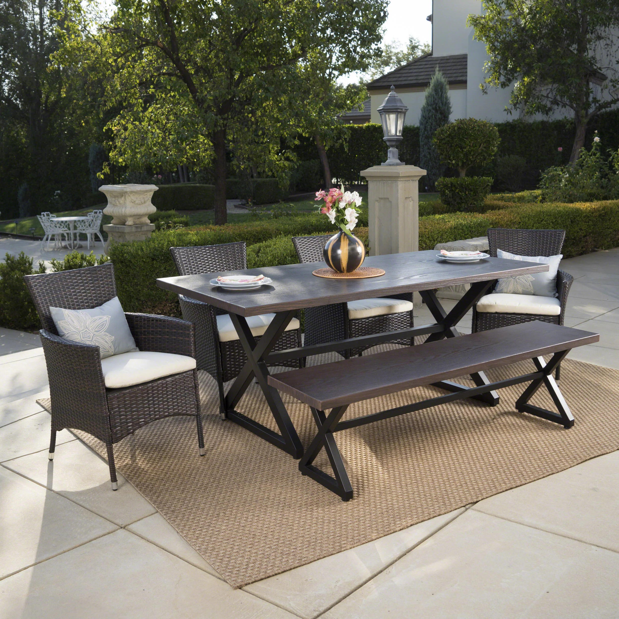 Owenburg Outdoor 6 Piece Aluminum Dining Set with Bench and Wicker Dining Chairs - furnishings