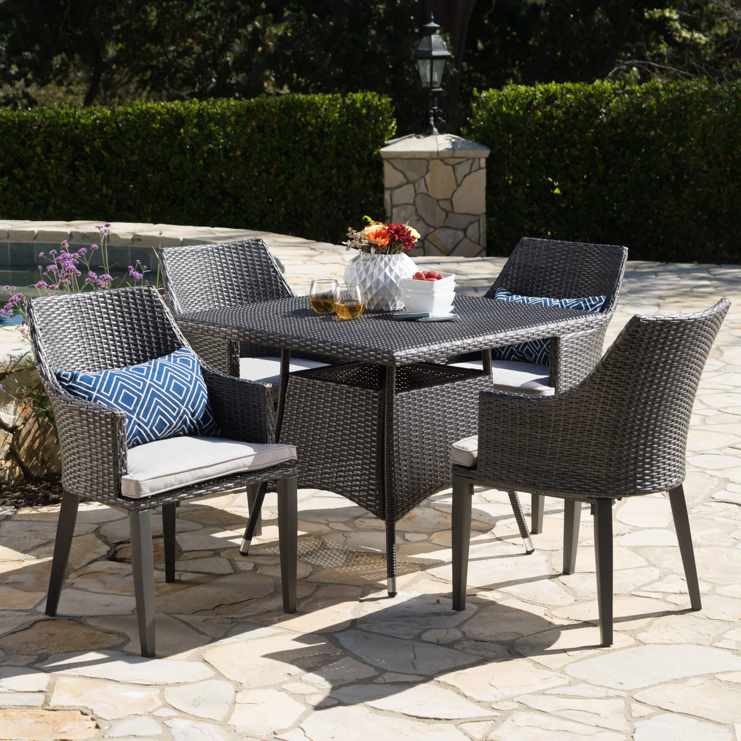 Leeward Outdoor 5 Piece Wicker Square Dining Set with Water Resistant Cushions - furnishings