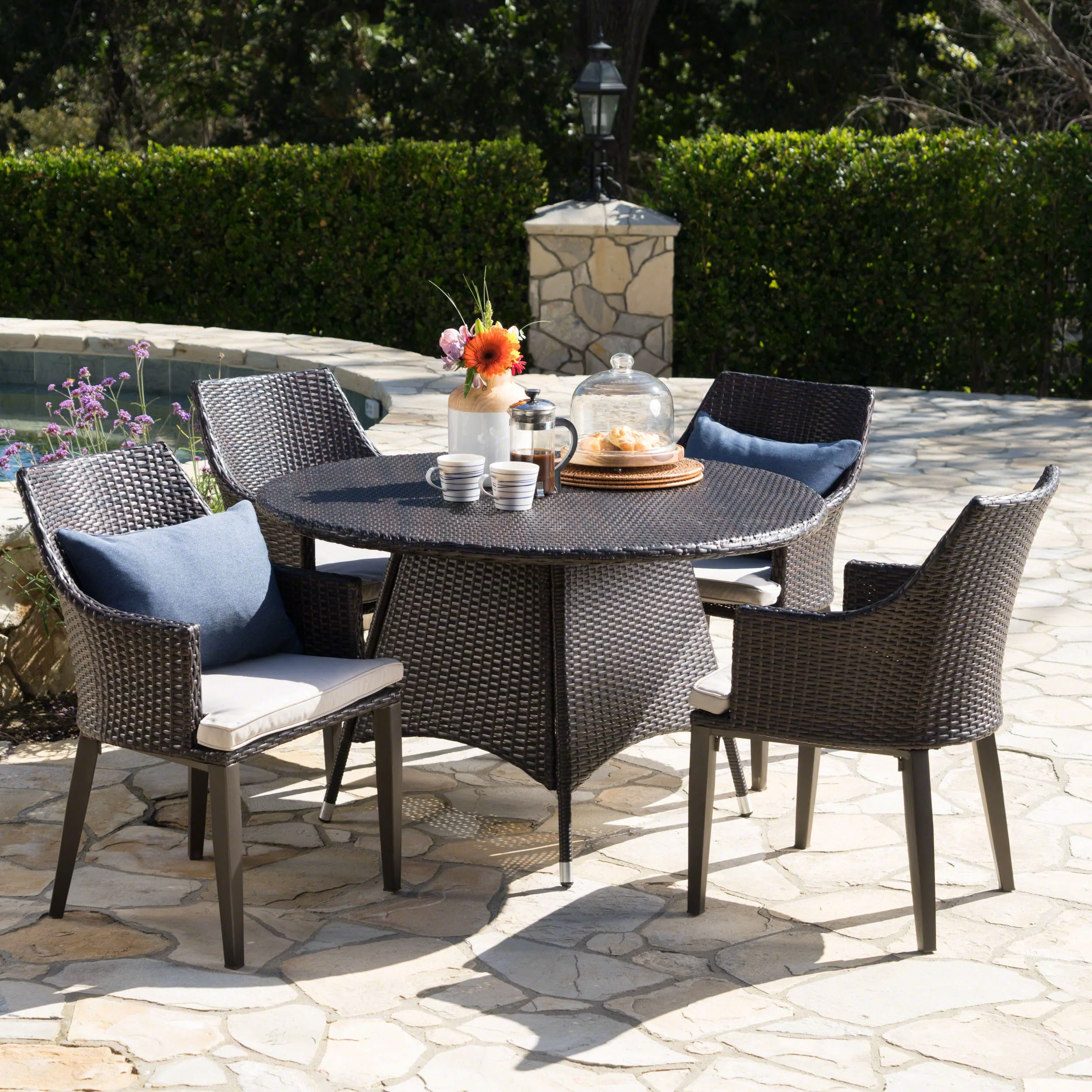 Leeward Outdoor 5 Piece Wicker Round Dining Set with Water Resistant Cushions - furnishings