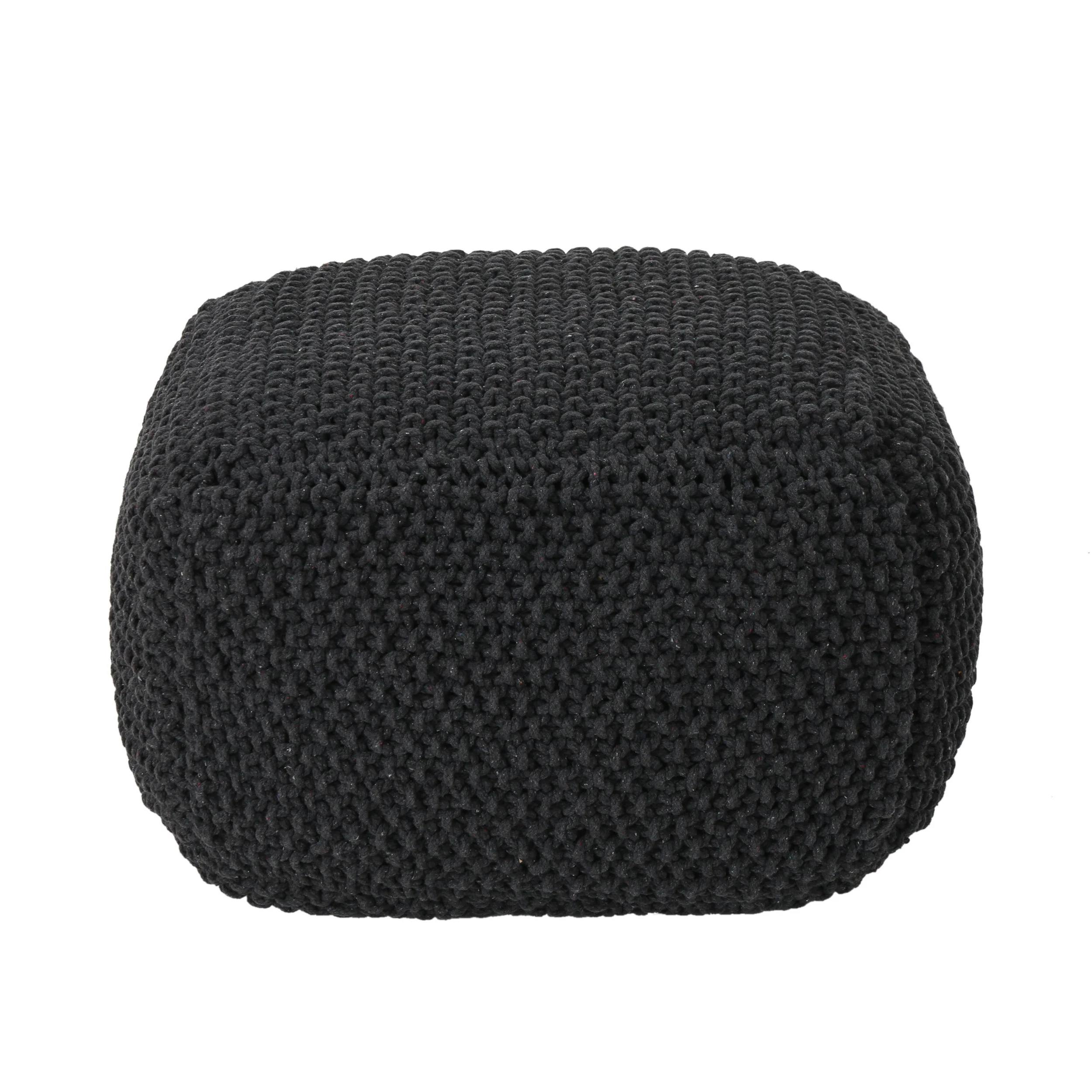 Joyce Knitted Cotton Square Pouf, Dark Grey - furnishings