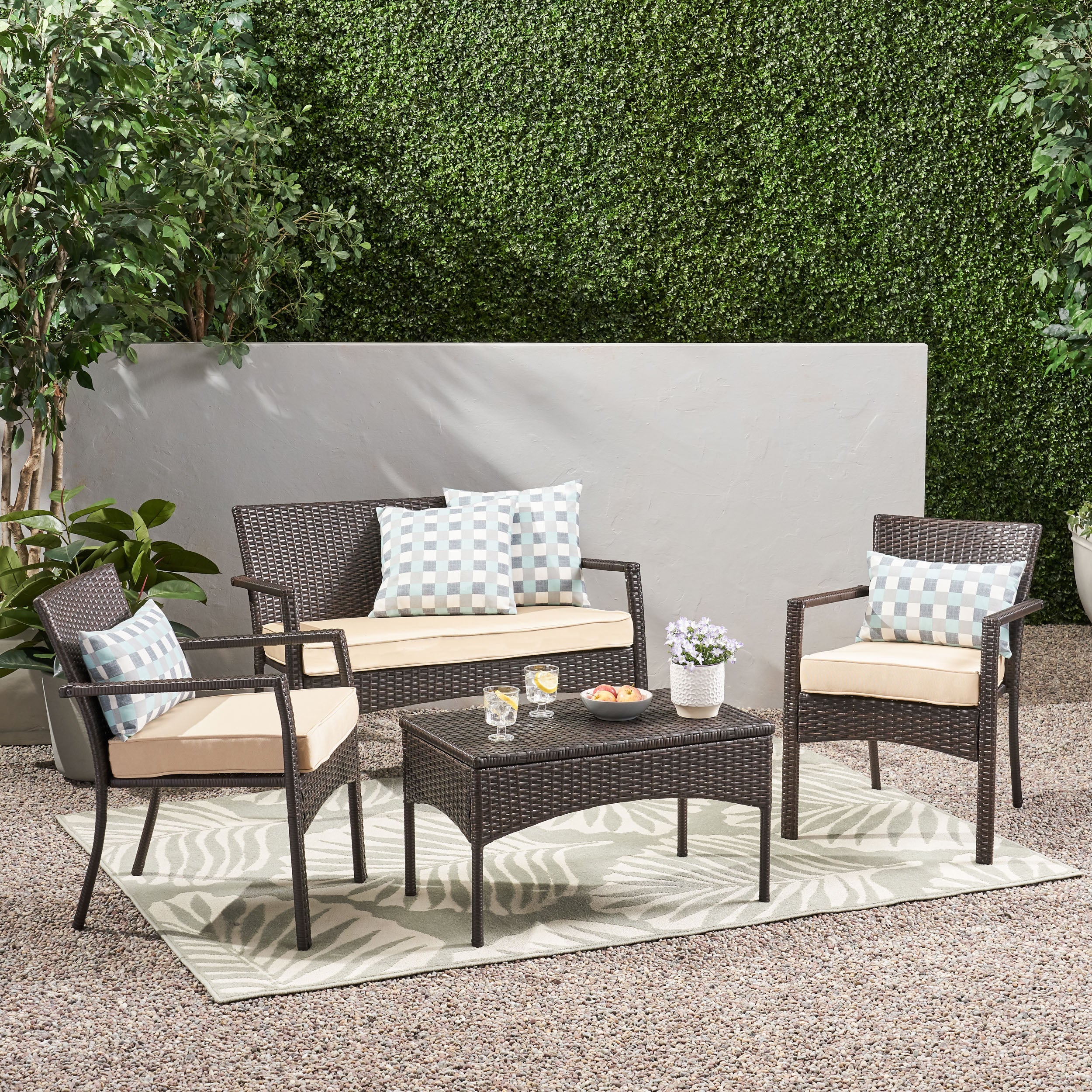 Tahiti Outdoor 4 Piece Multi-brown Wicker Chat Set with Dark Cream Water Resistant Fabric Cushions - furnishings