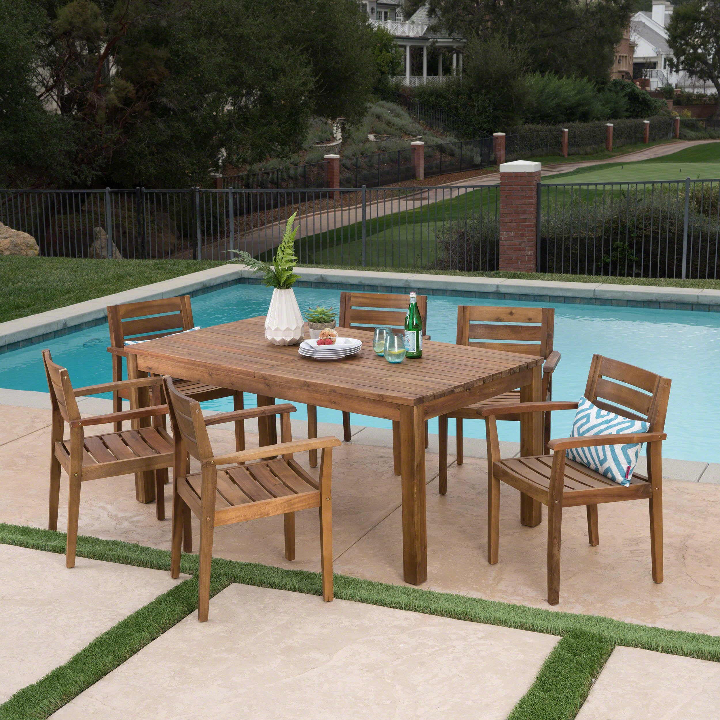 Sakura Outdoor 7 Piece Acacia Wood Dining Set with Expandable Dining Table - furnishings