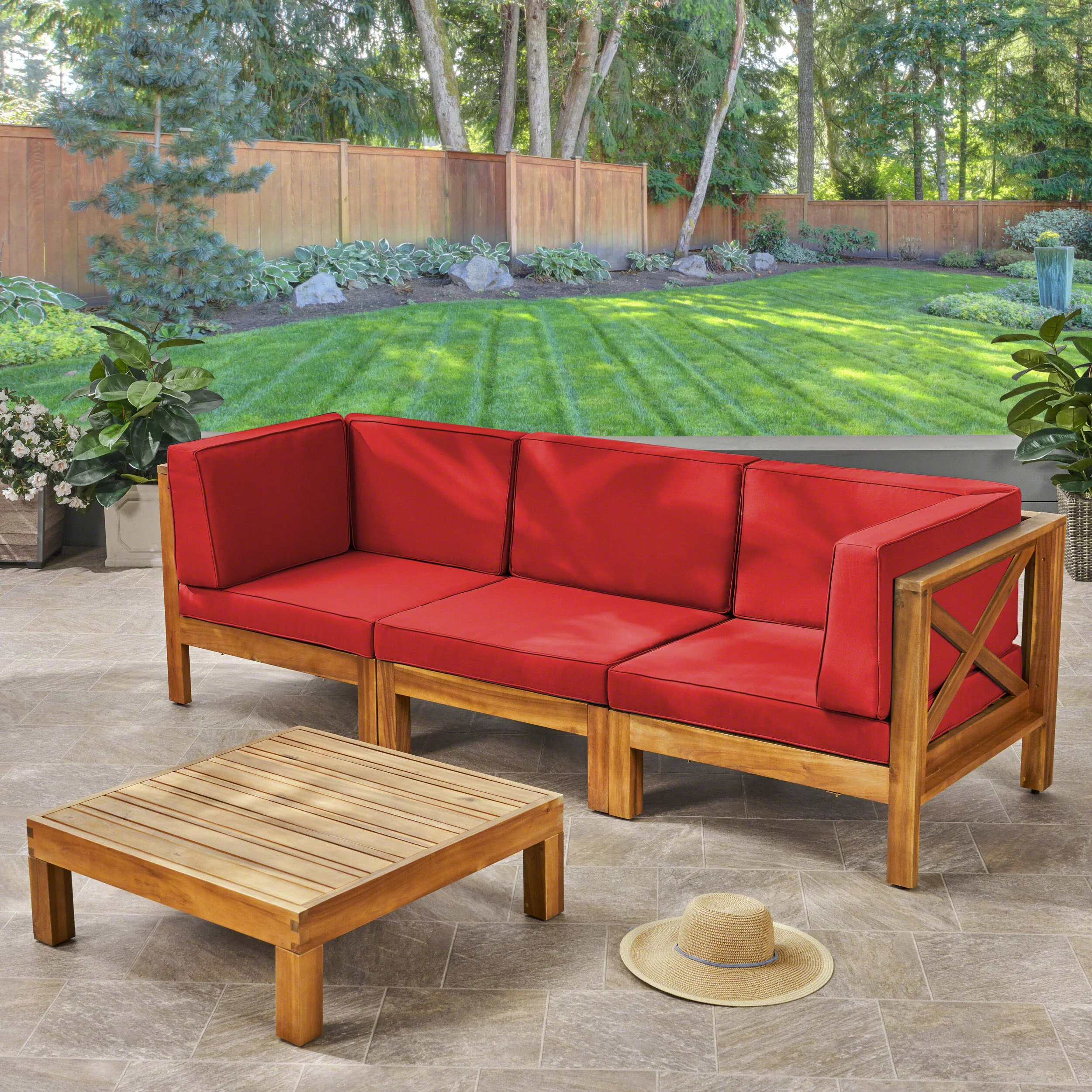 Brava Outdoor Modular Acacia Wood Sofa and Coffee Table Set with Cushions - furnishings