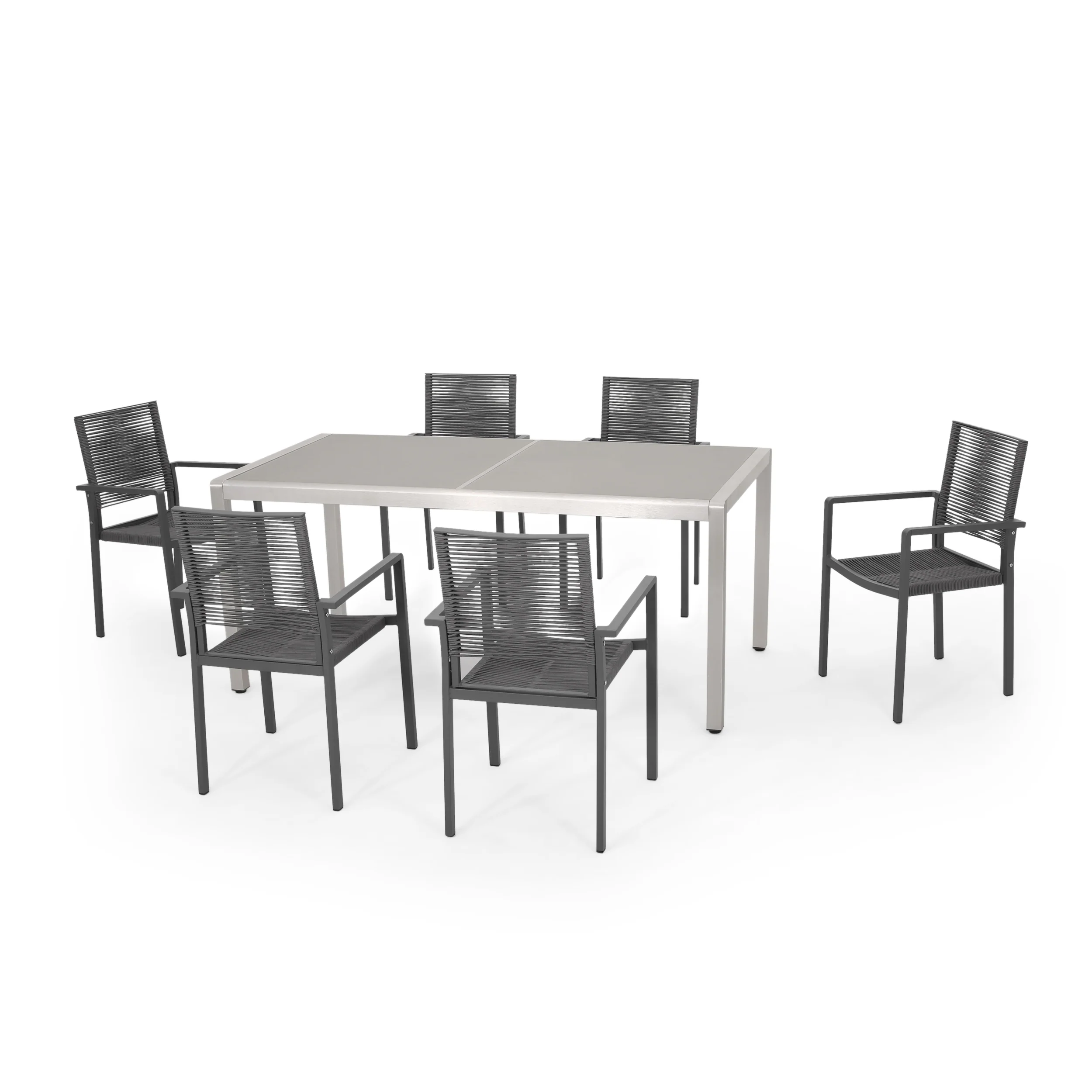 Aaleigha Outdoor Modern 6 Seater Aluminum Dining Set with Tempered Glass Table Top - furnishings