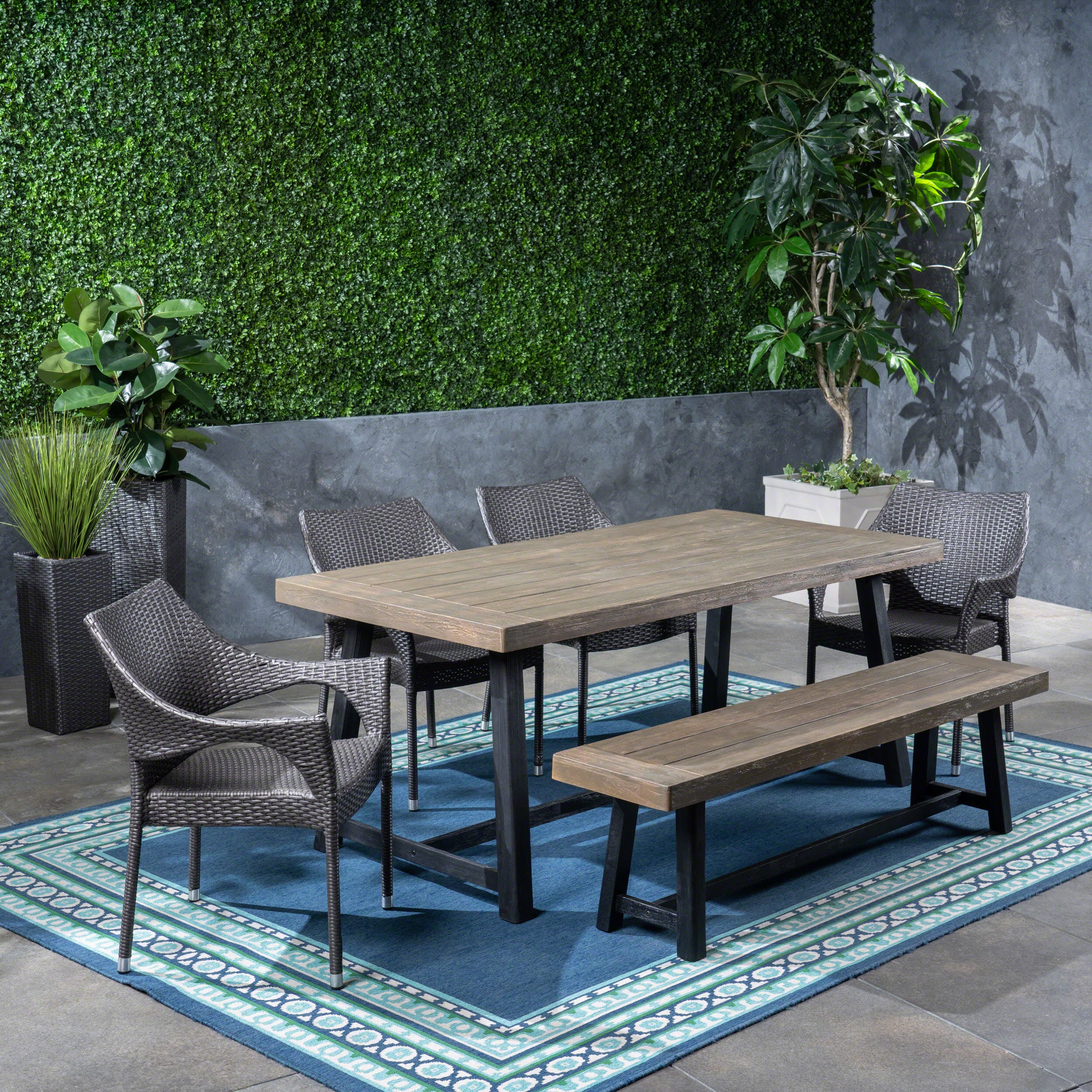 Brecken Outdoor 6 Piece Dining Set with Stacking Wicker Chairs and Bench - furnishings
