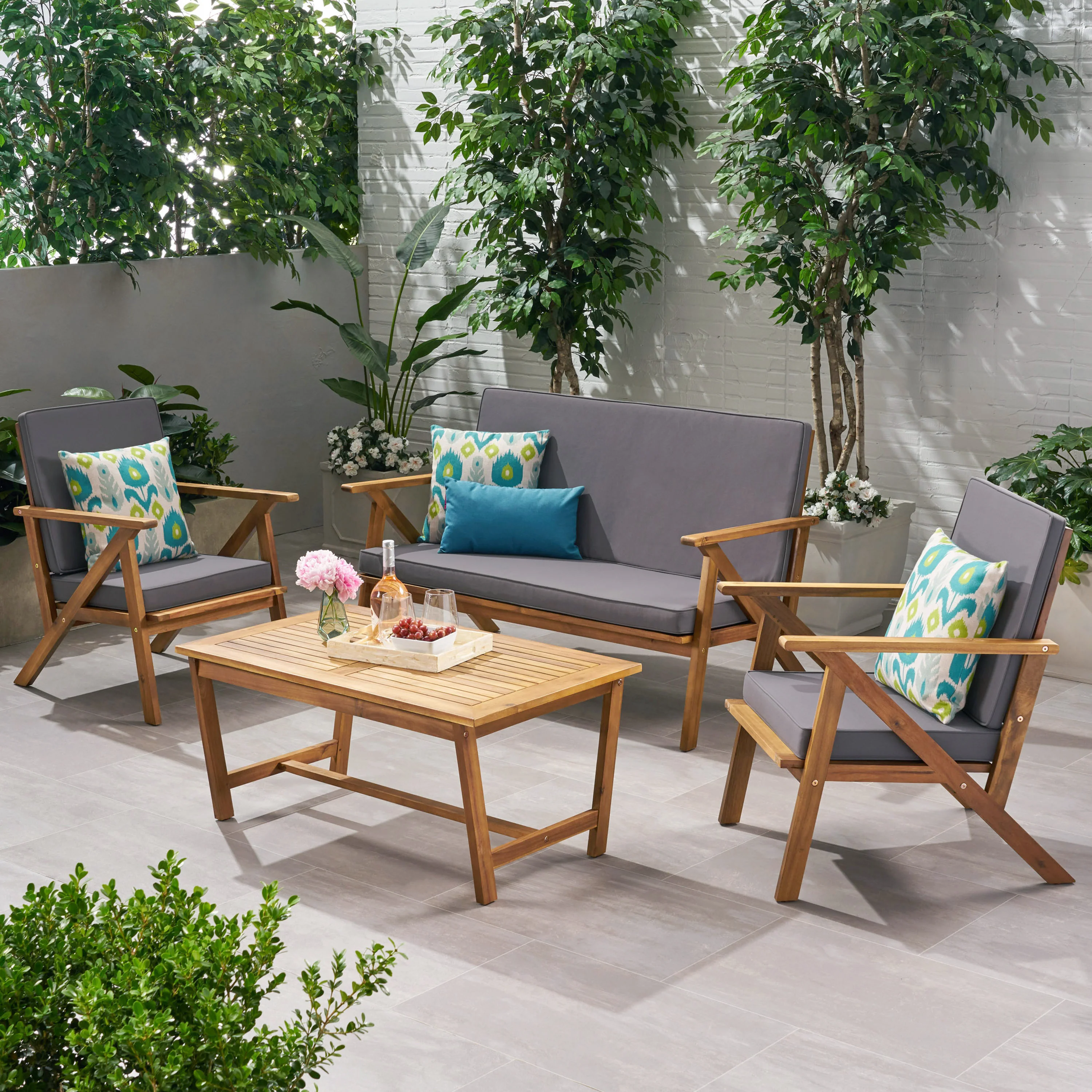 Manarola 4 Pc Outdoor Natural Wood Finish Chat Set w/ Water Resistant Cushion - furnishings