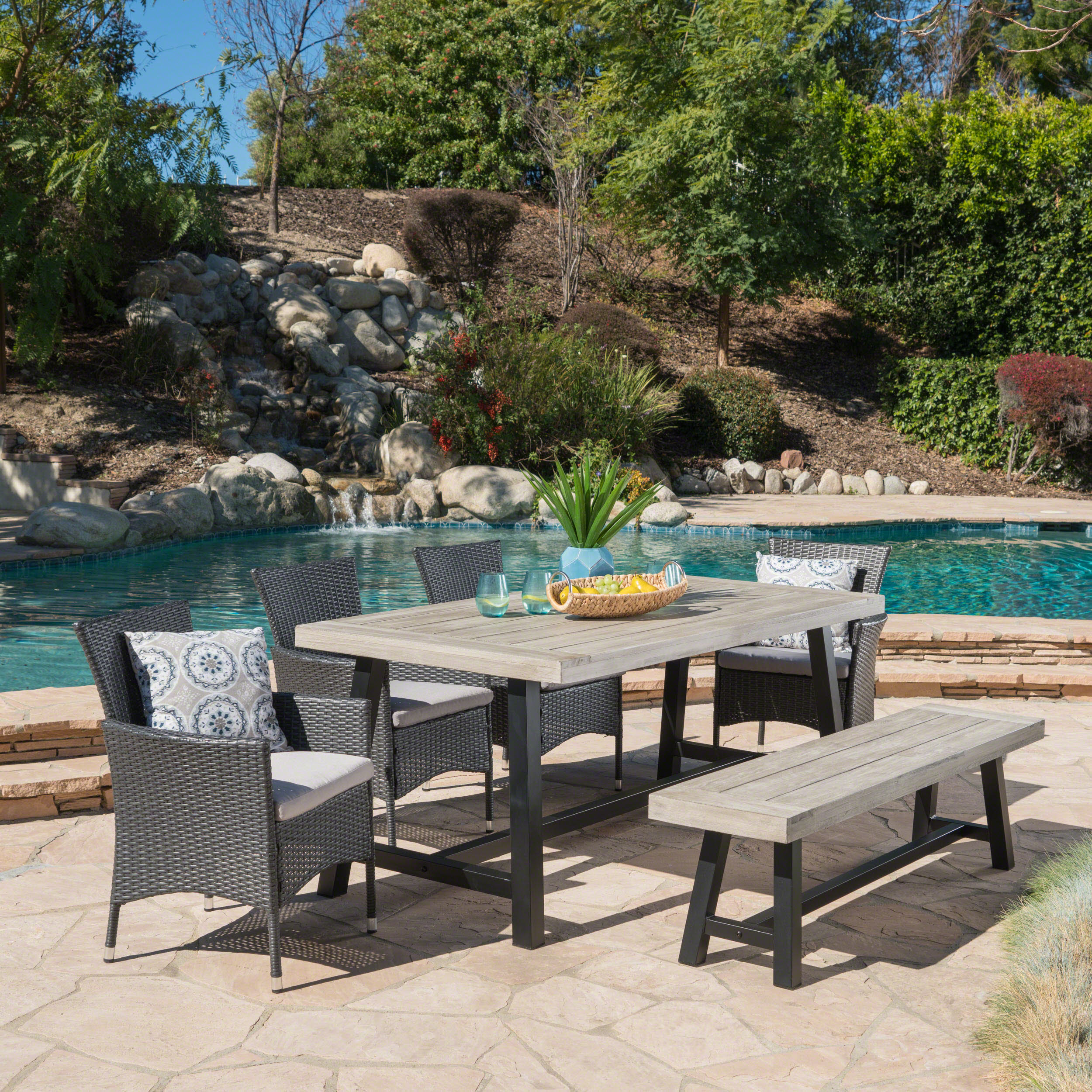 Linda Outdoor 6 Piece Wicker Dining Set with Acacia Wood Table and Bench - furnishings