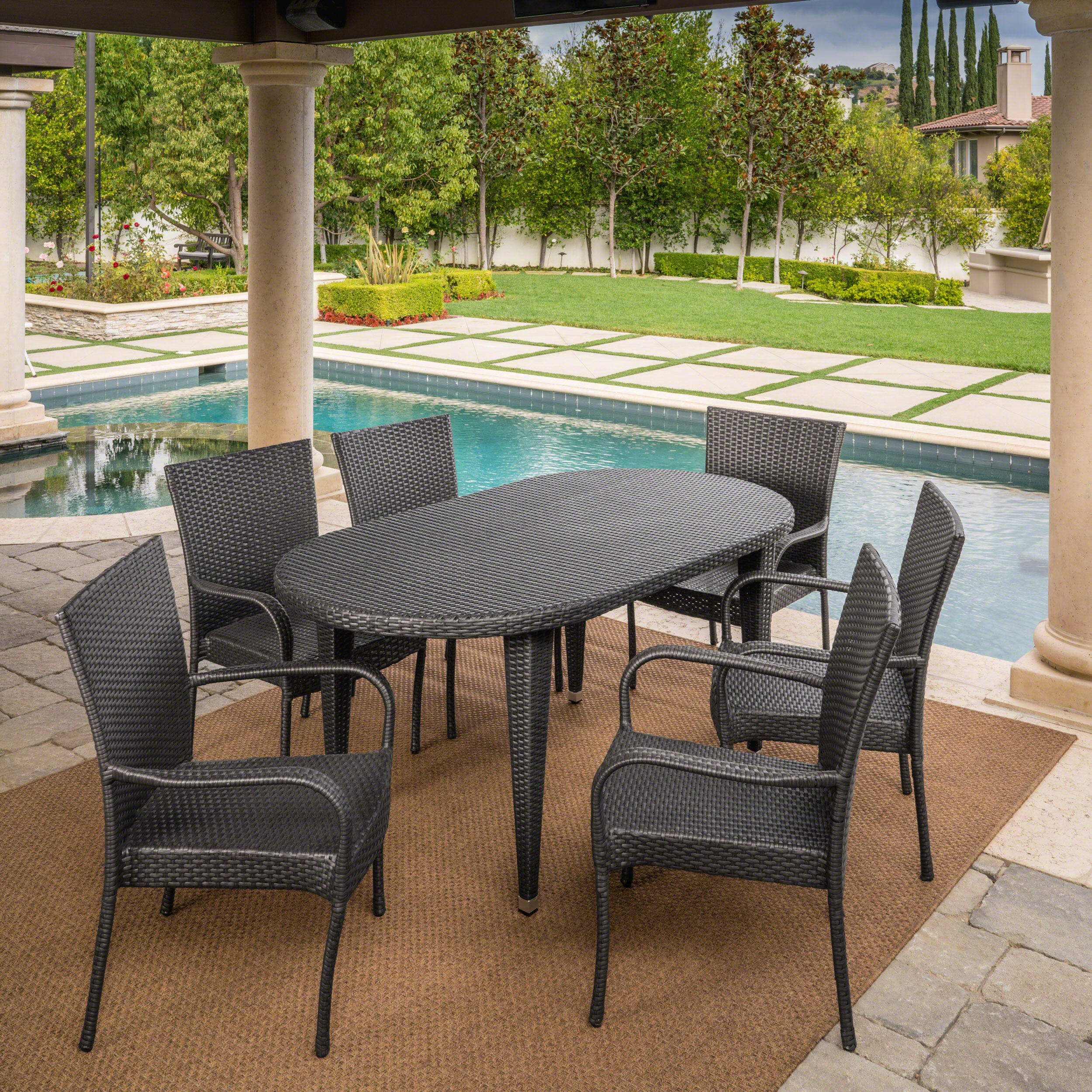 Sola Outdoor 7 Piece Gray Wicker Oval Dining Set with Stacking Chairs - furnishings