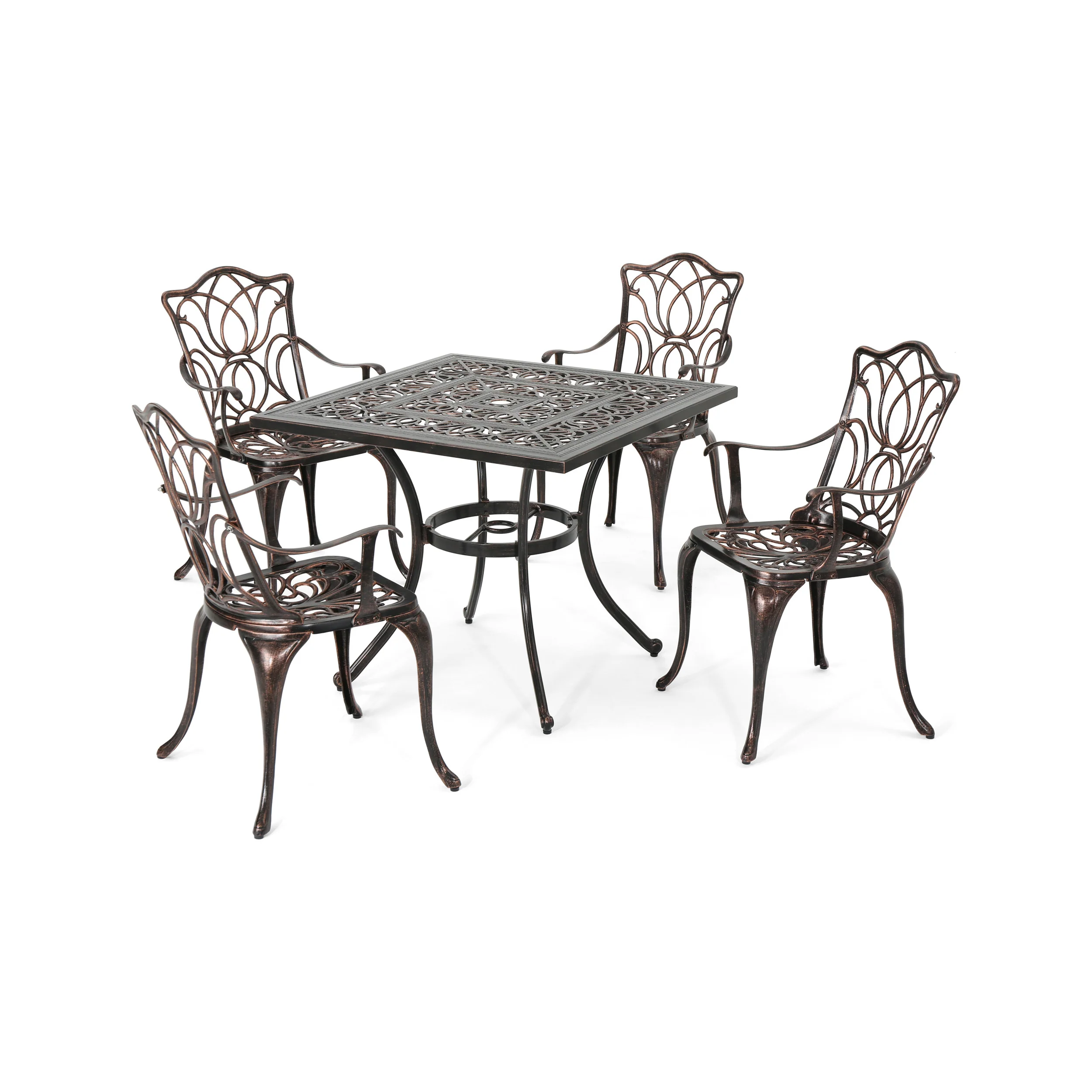 Barbara Outdoor 4-Seater Cast Aluminum Square-Table Dining Set, Shiny Copper - furnishings