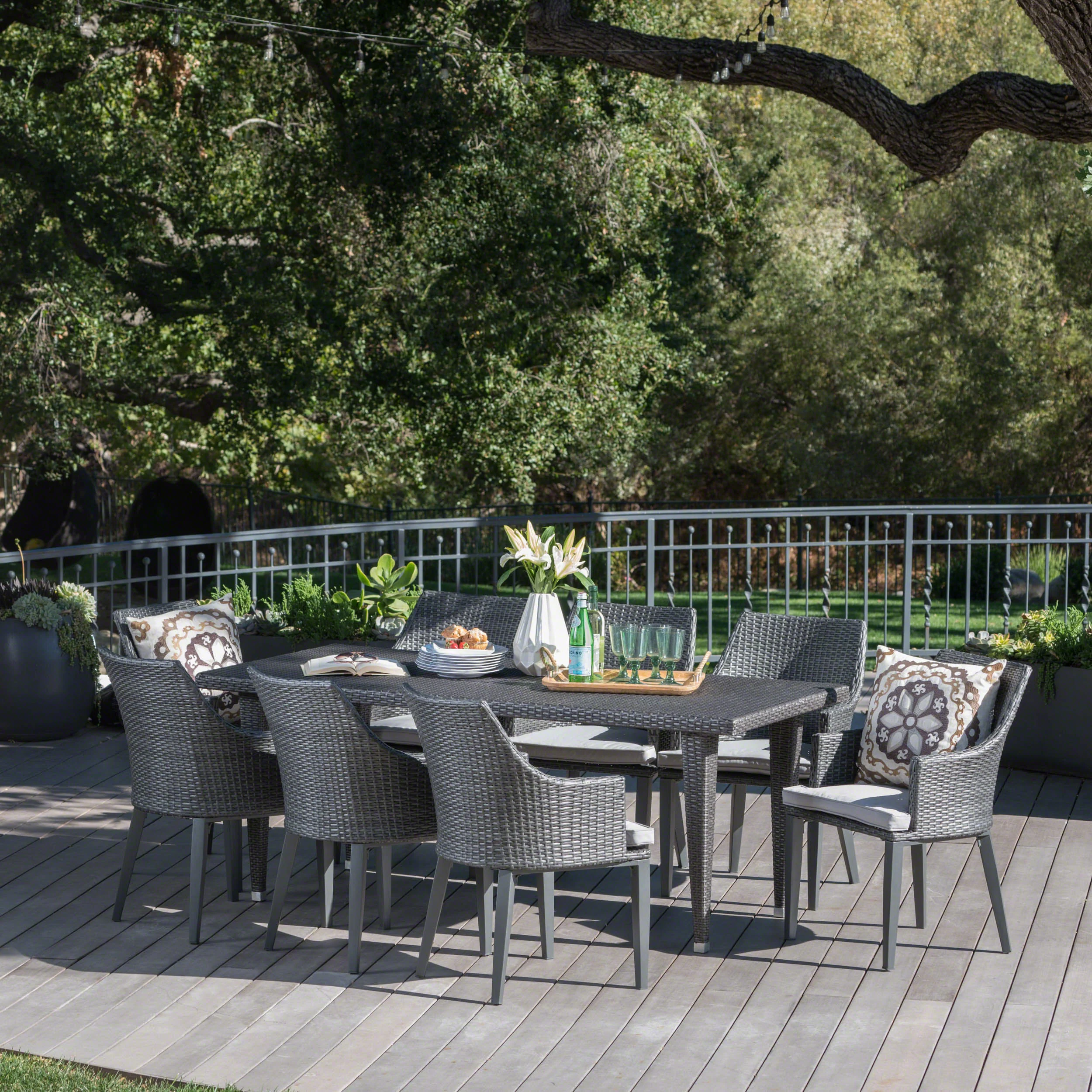 Lenorde Outdoor 9 Piece Wicker Rectangular Dining Set with Water Resistant Cushions - furnishings