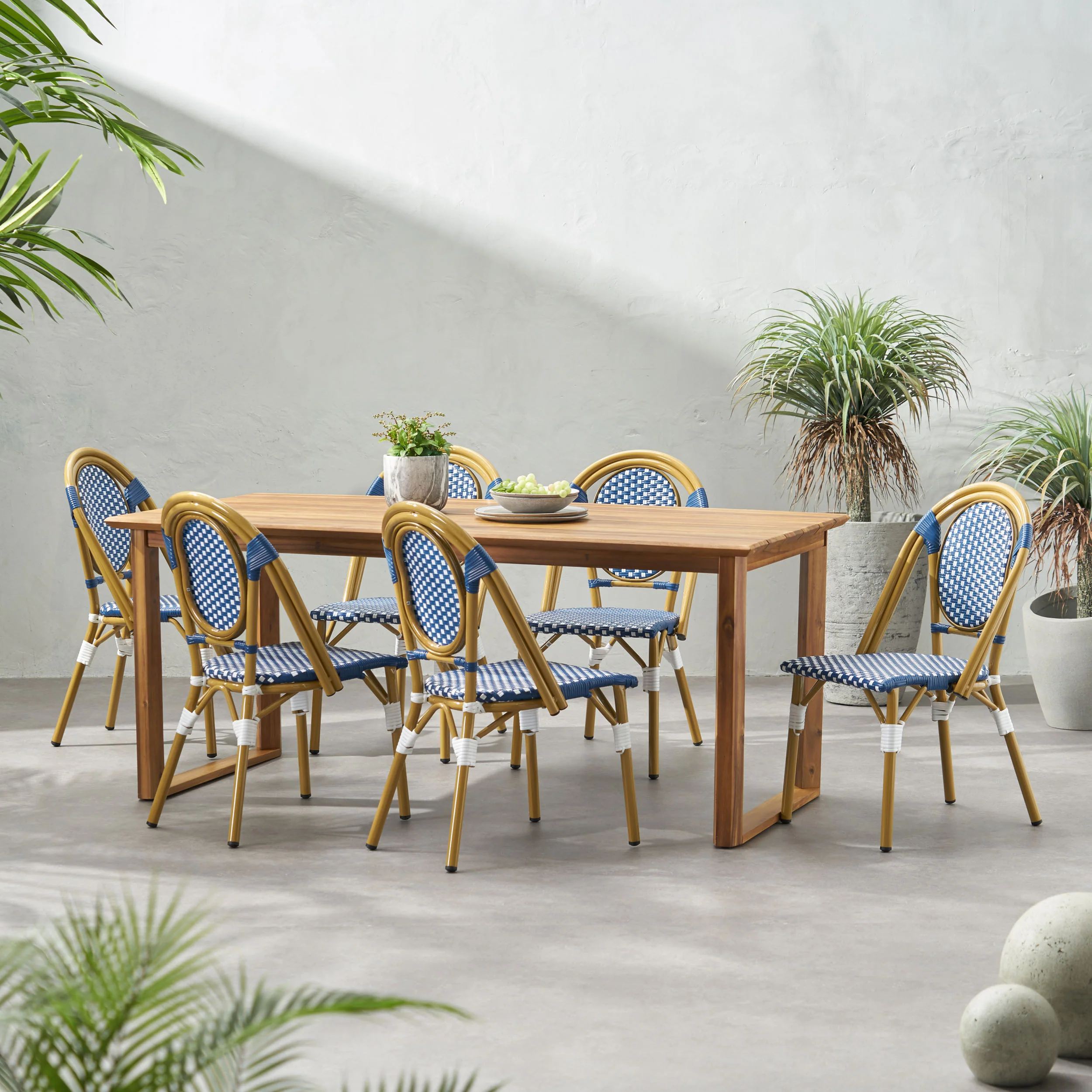 Varva Outdoor Acacia Wood and Wicker 7 Piece Dining Set - furnishings
