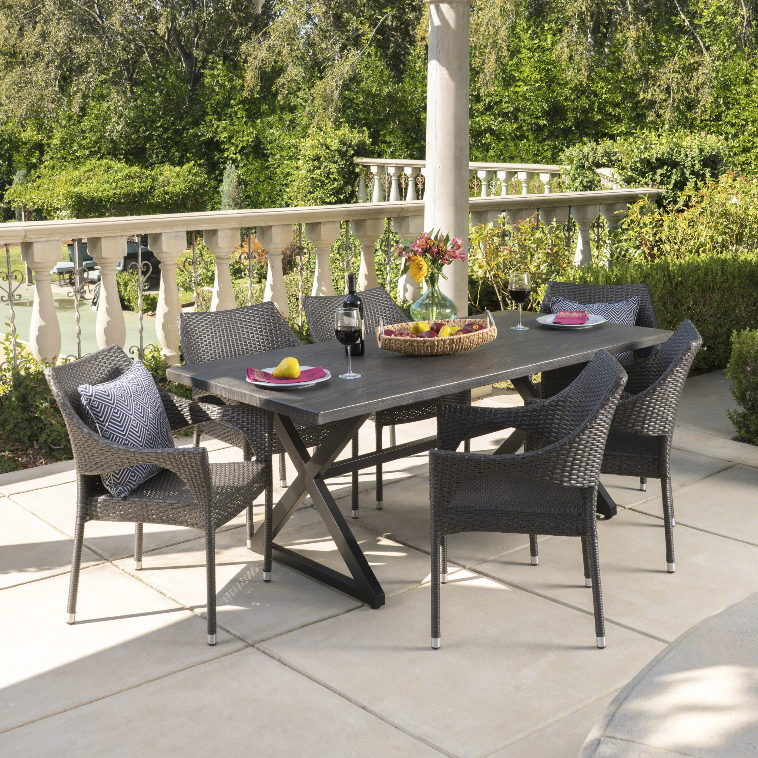 Graywood Outdoor 7 Piece Wicker Dining Set with Rectangular Aluminum Table - furnishings