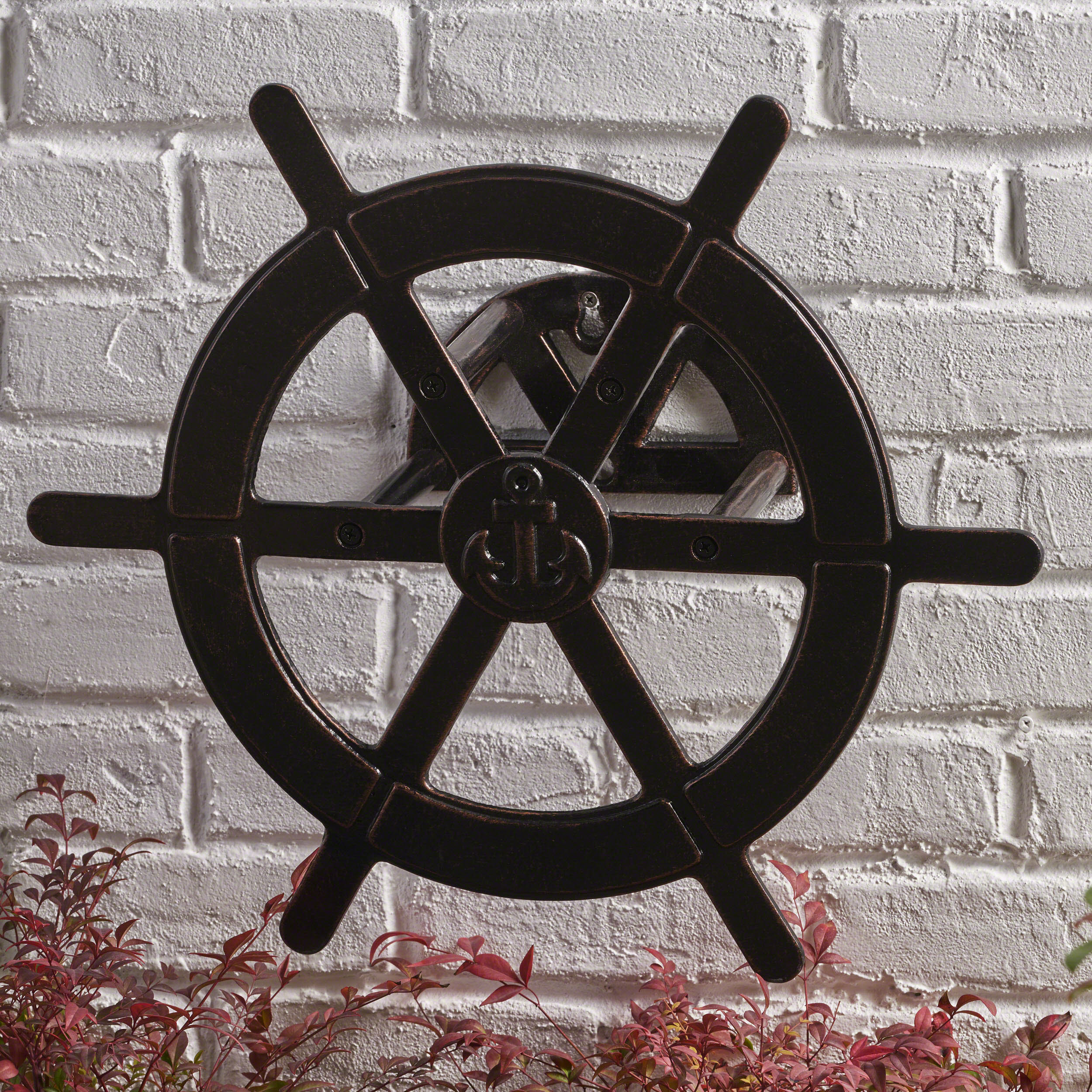 Chole Outdoor Patina Copper Aluminum Ship Wheel Hose Holder - furnishings