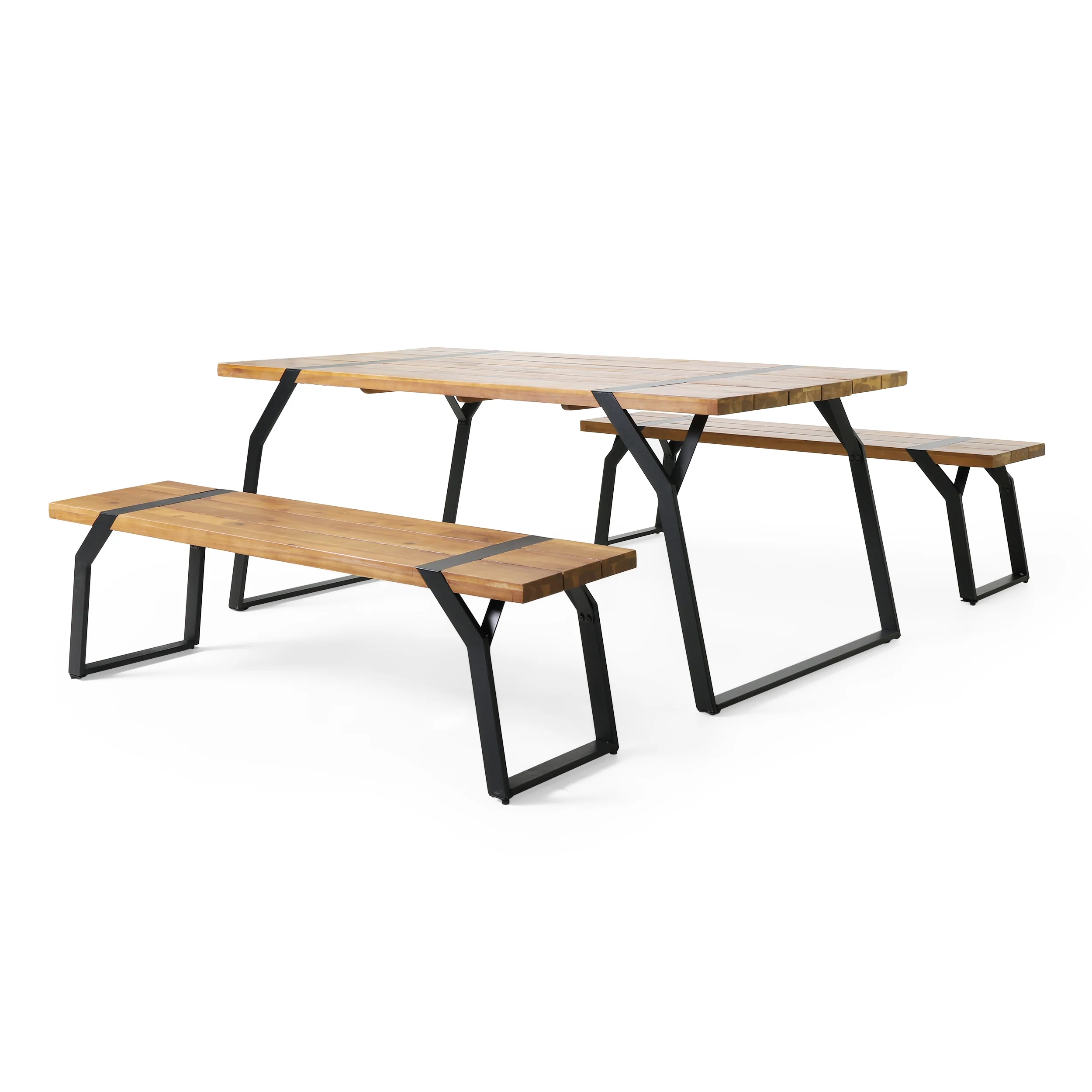 Pepple Outdoor Acacia Wood 3 Piece Picnic Dining Set, Teak and Black - furnishings