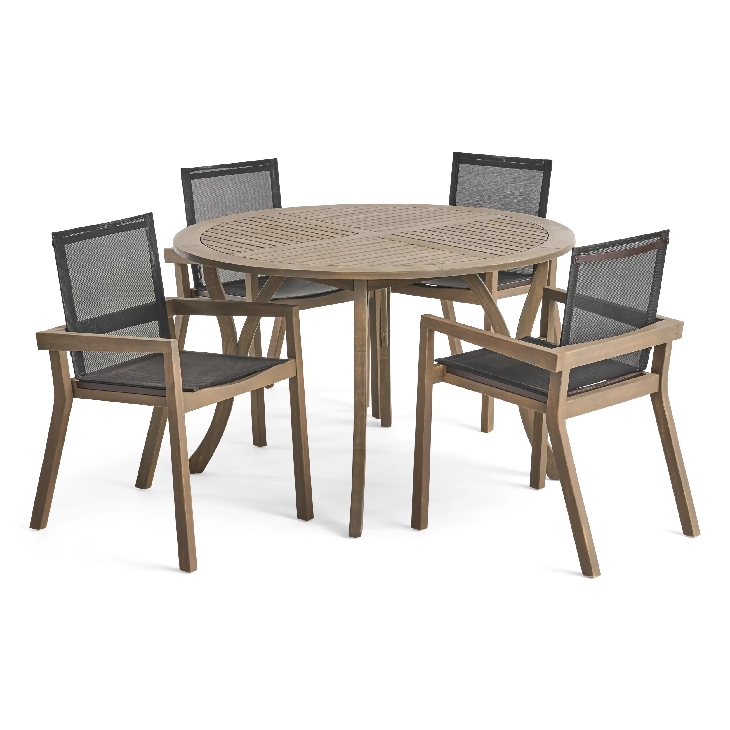 Spencer Outdoor Acacia Wood 5 Piece Round Dining Set with Mesh Seats - furnishings
