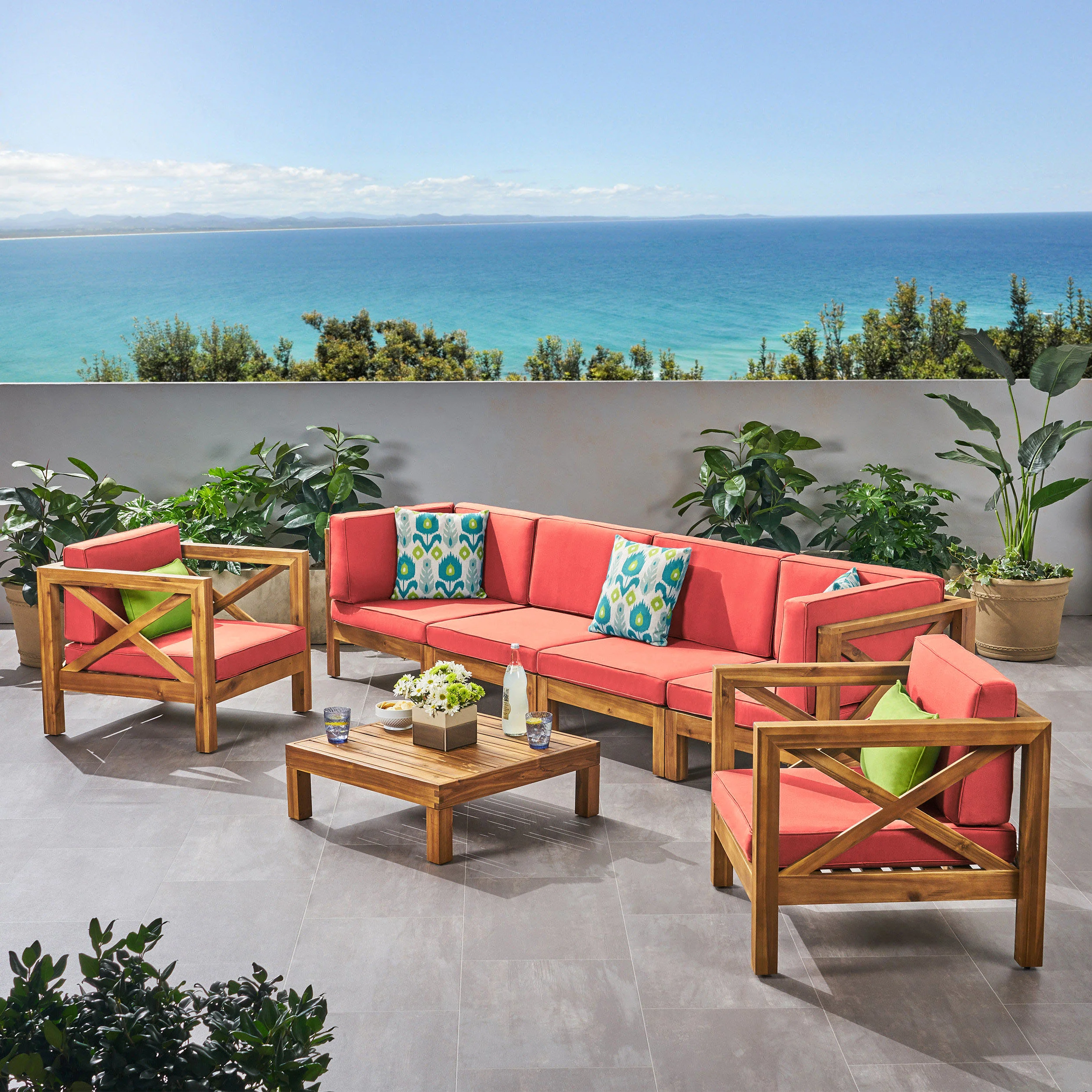 Morgan Outdoor 6 Seater Acacia Wood Sofa Chat Set - furnishings