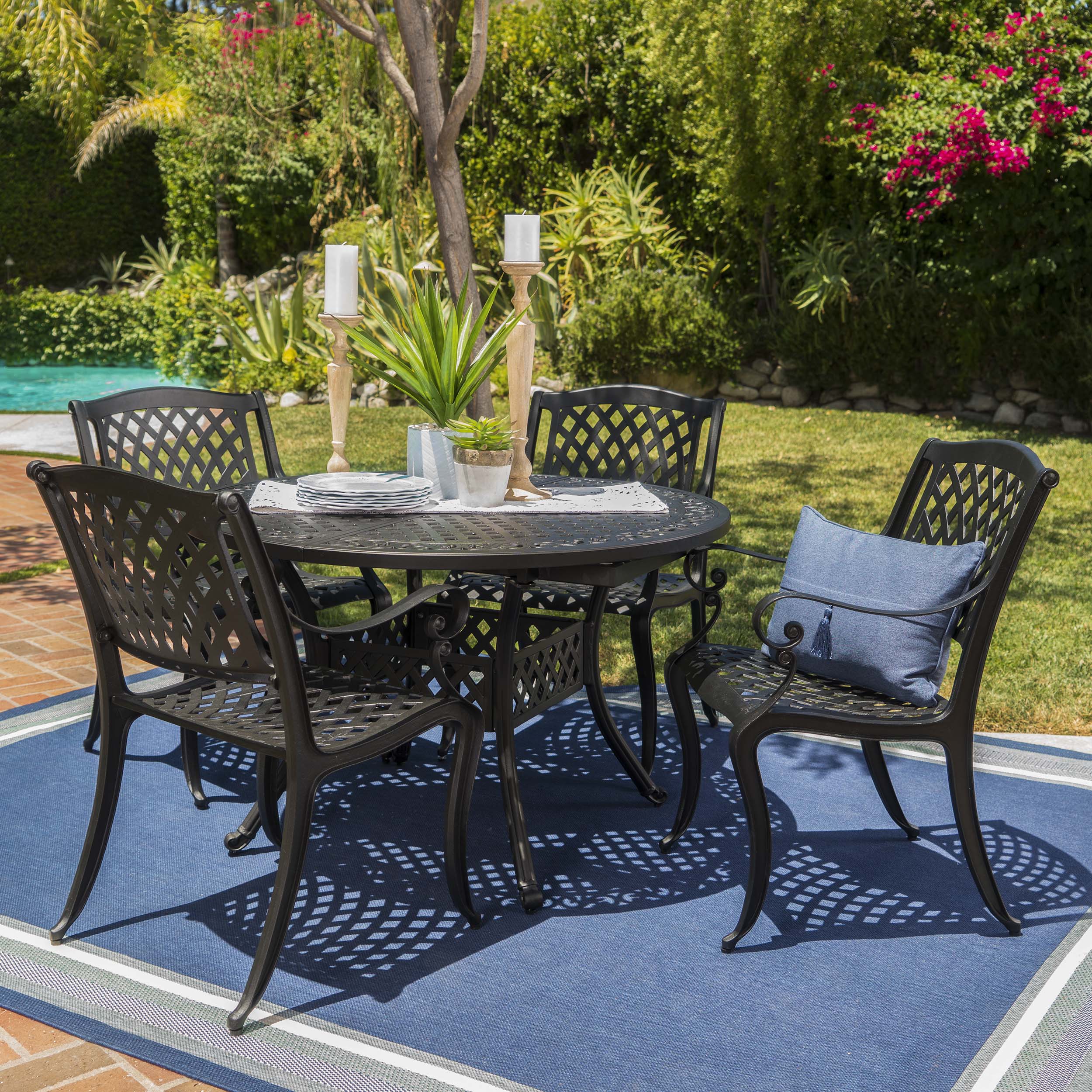 Clarisse Outdoor 5 Piece Hammered Bronze Finished Aluminum Dining Set with Expandable Table - furnishings