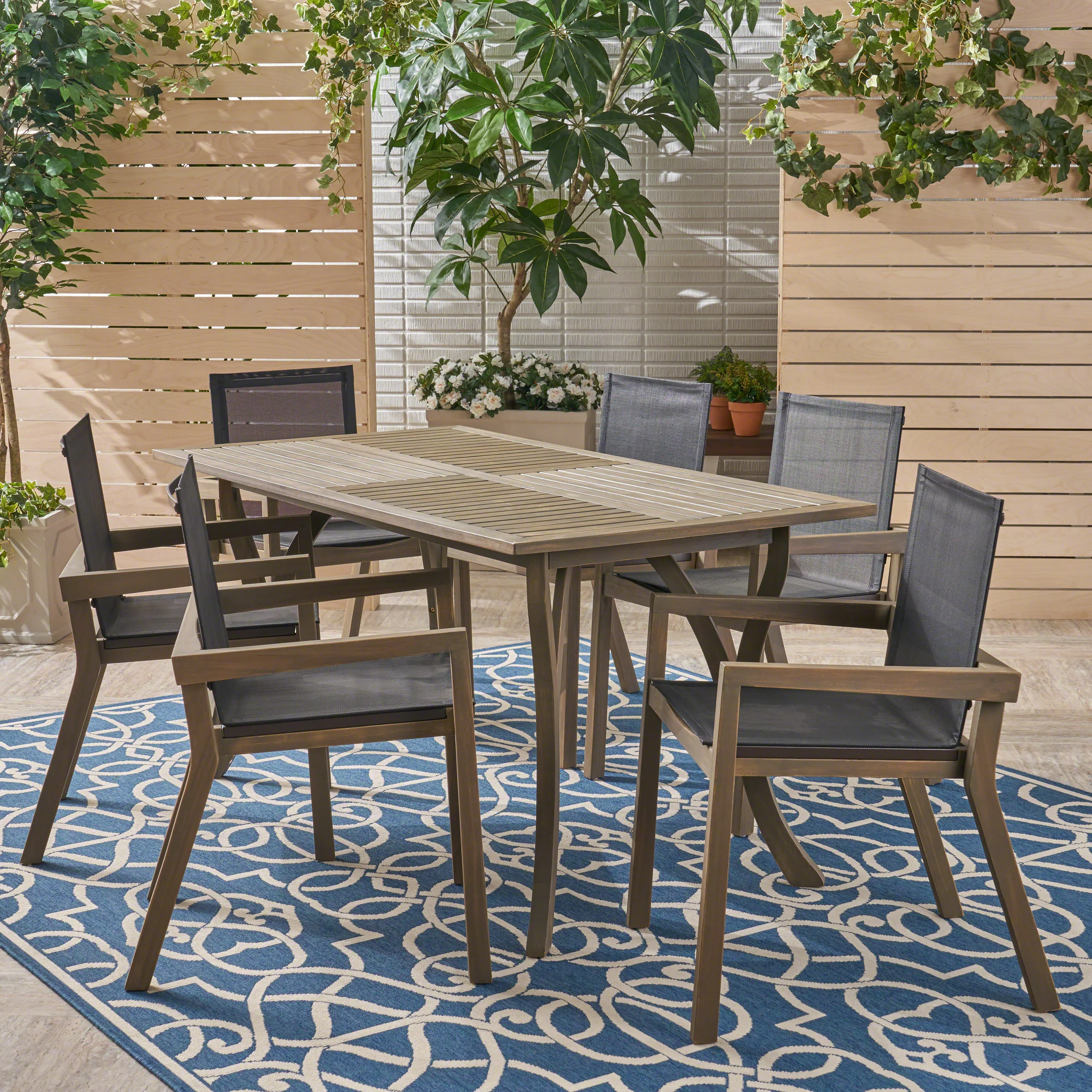 Darlin Outdoor Acacia Wood 7 Piece Dining Set with Mesh Seats - furnishings