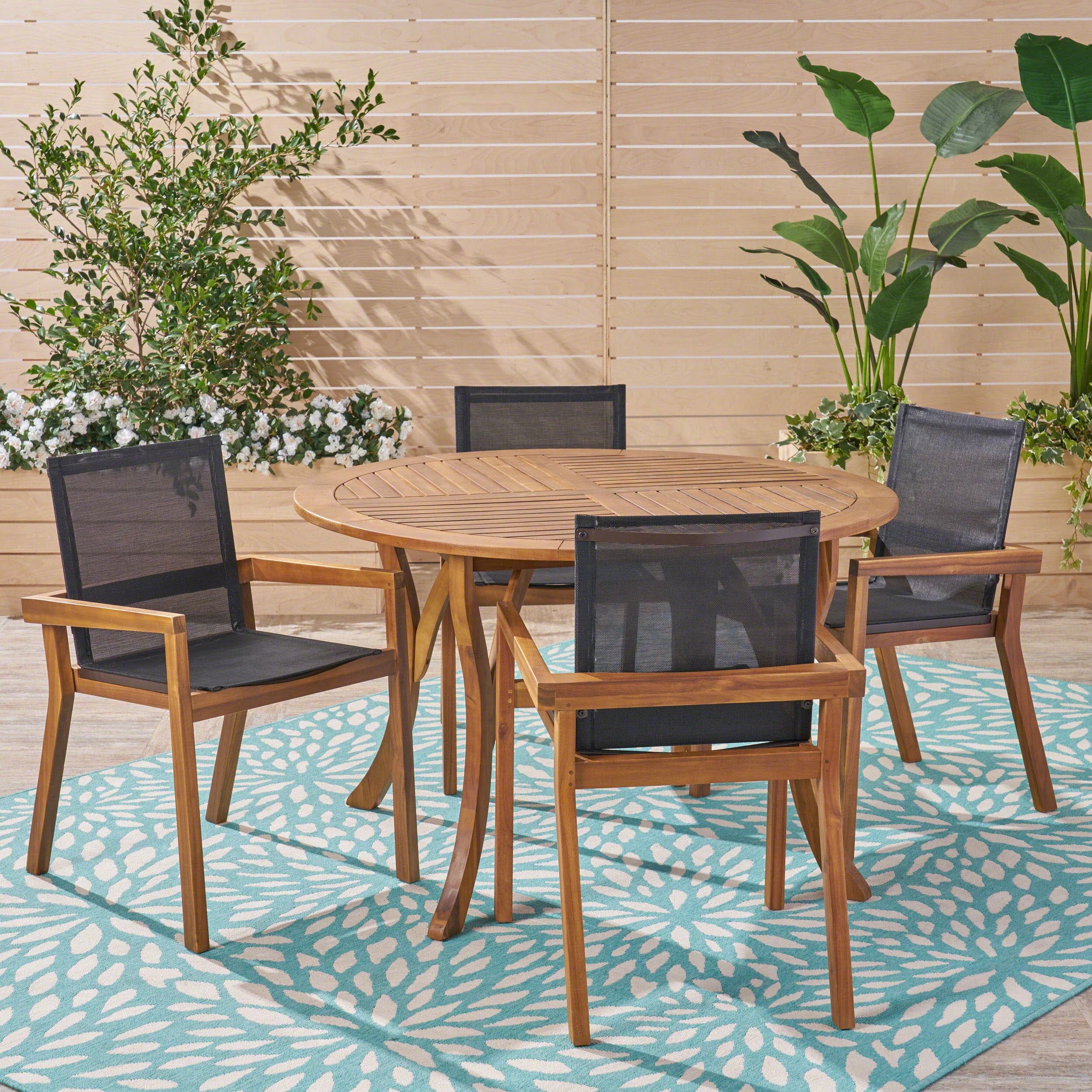 Spencer Outdoor Acacia Wood 5 Piece Round Dining Set with Mesh Seats - furnishings