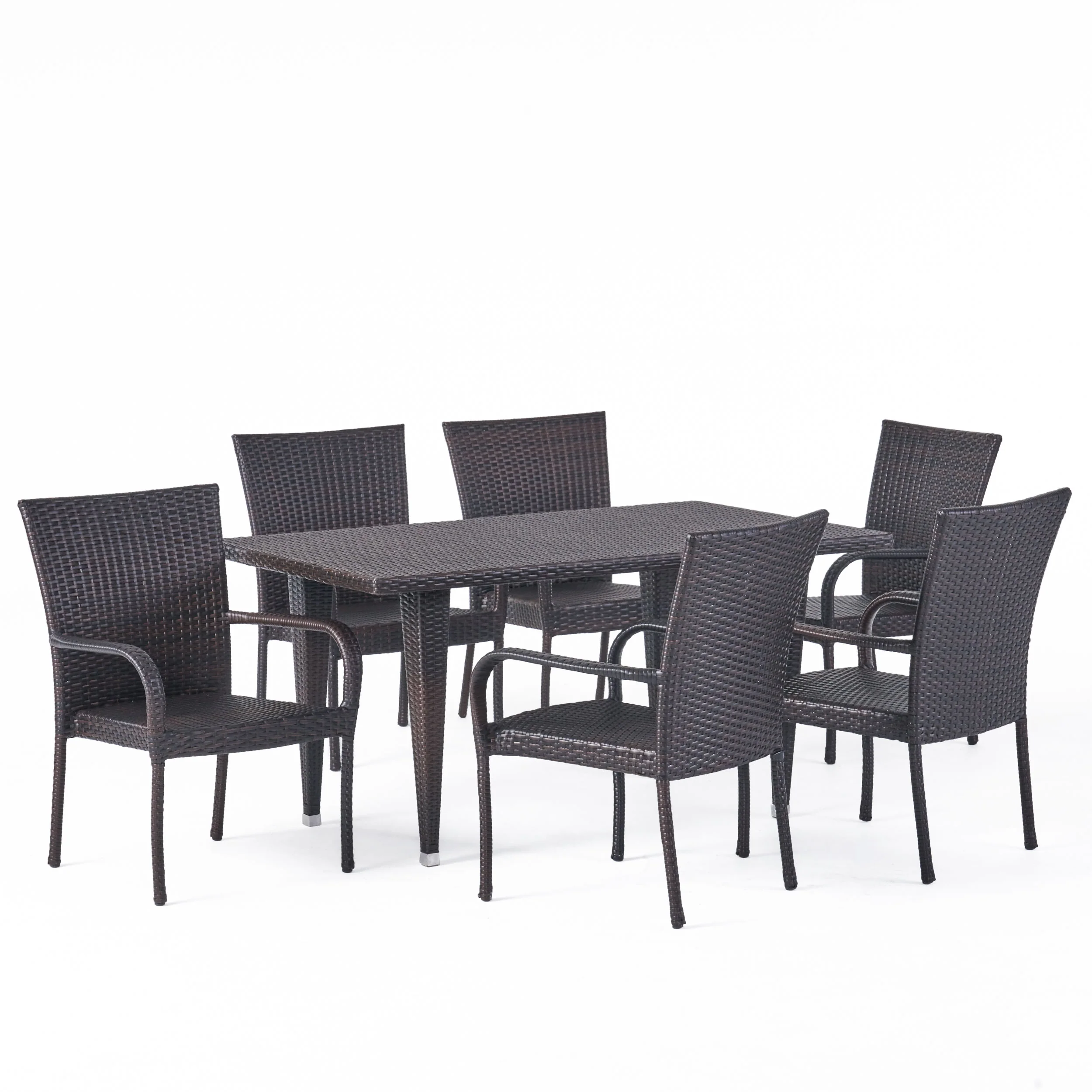 Yomunt Outdoor 7-Piece Multi-Brown Wicker Dining Set with Stackable Chairs - furnishings