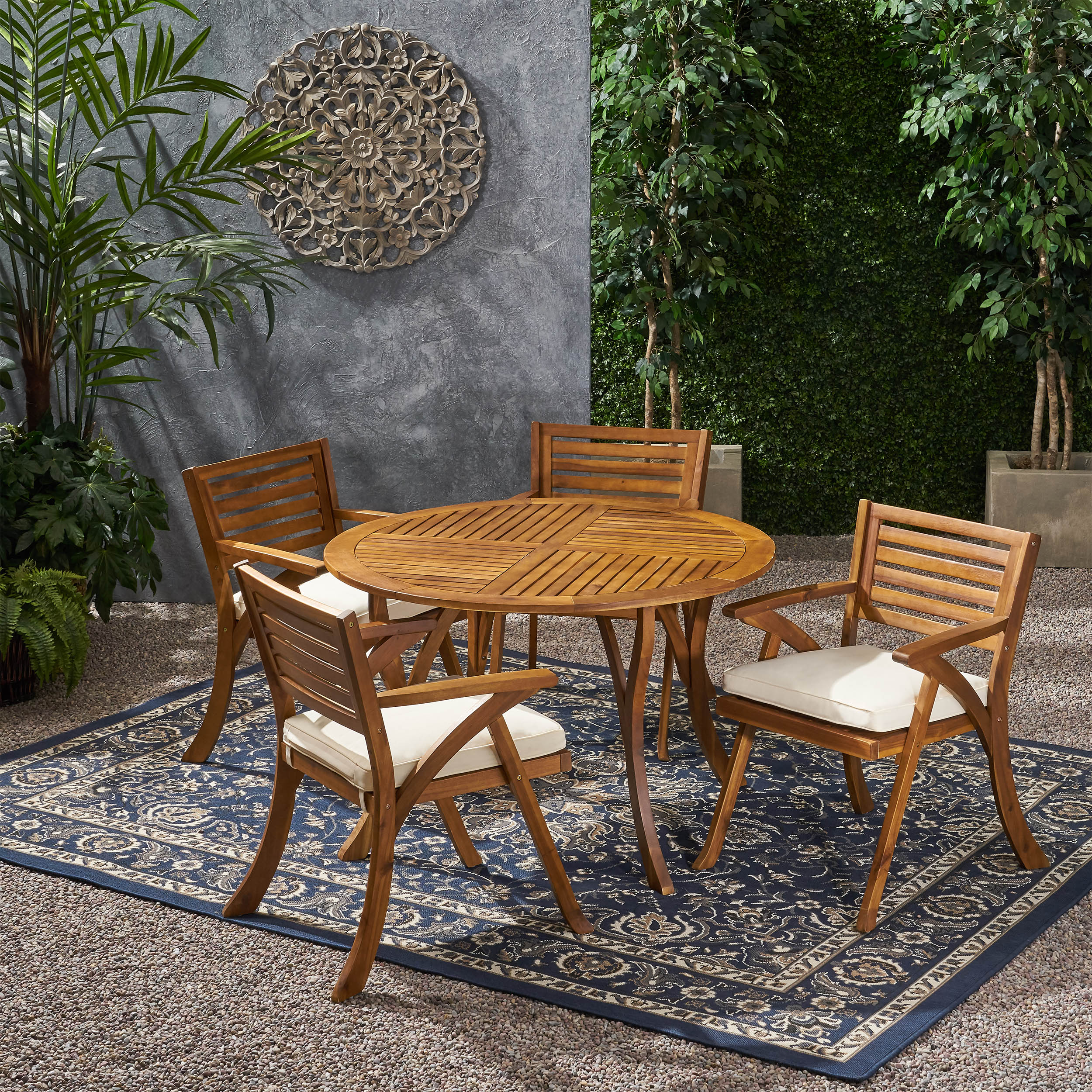 Hestia Outdoor 4 Seater Acacia Wood Circular Dining Set with Cushions - furnishings