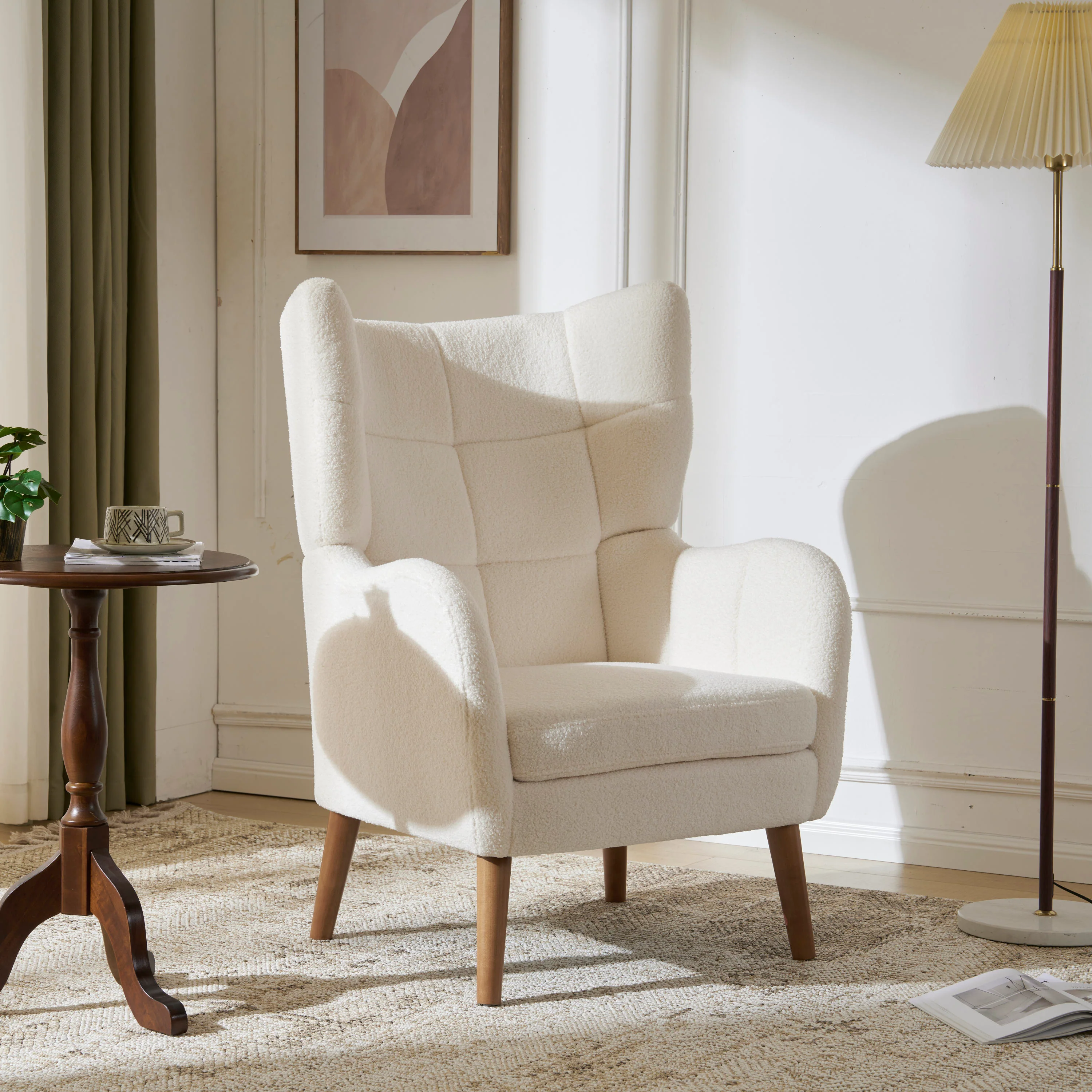 Kanes Modern Retro Upholstered Teddy Wool Accent Chair with Tapered Birch wood Legs, Beige - furnishings