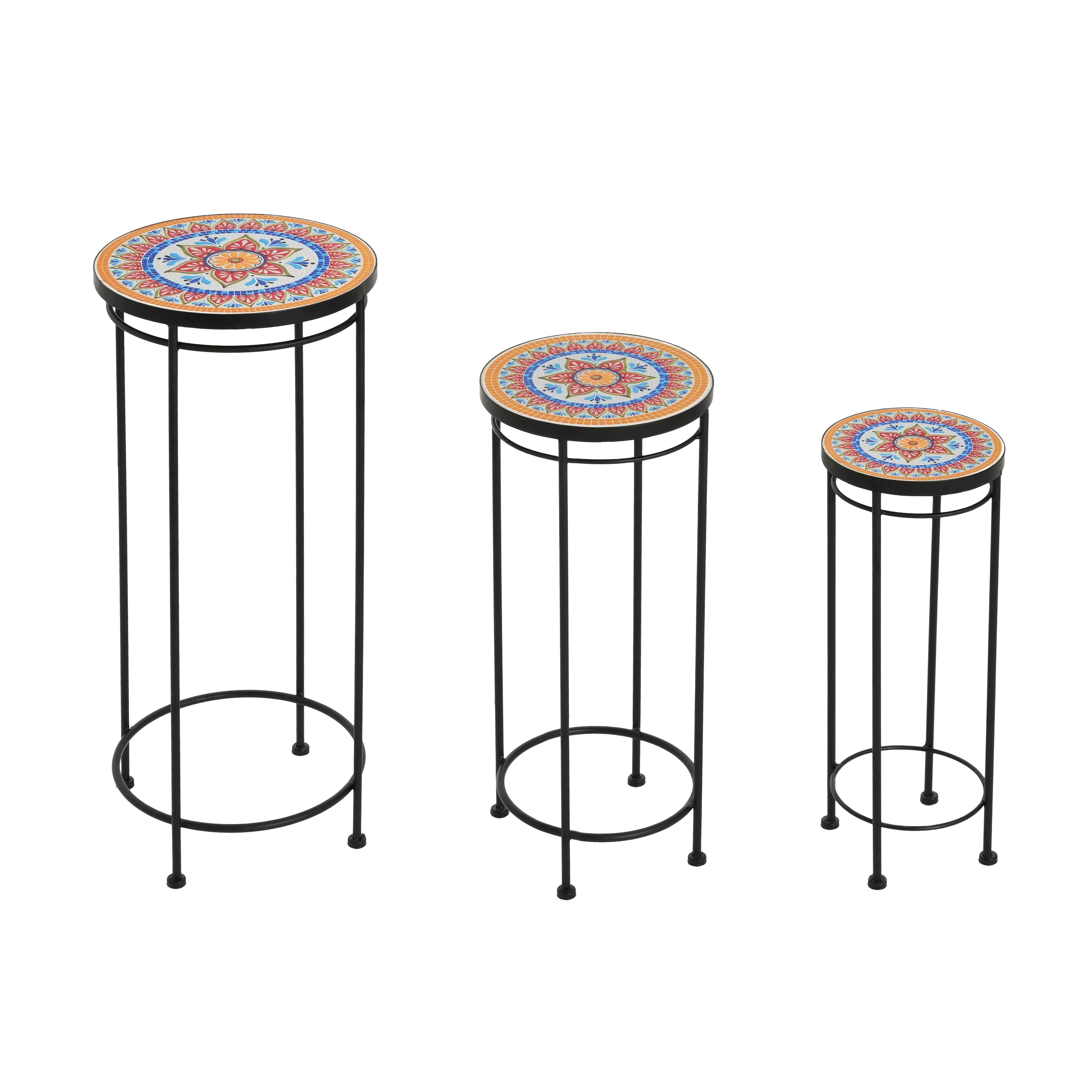 Caius Outdoor Patio Plant Stands, Ceramic Tile, Iron, Set of 3 - furnishings