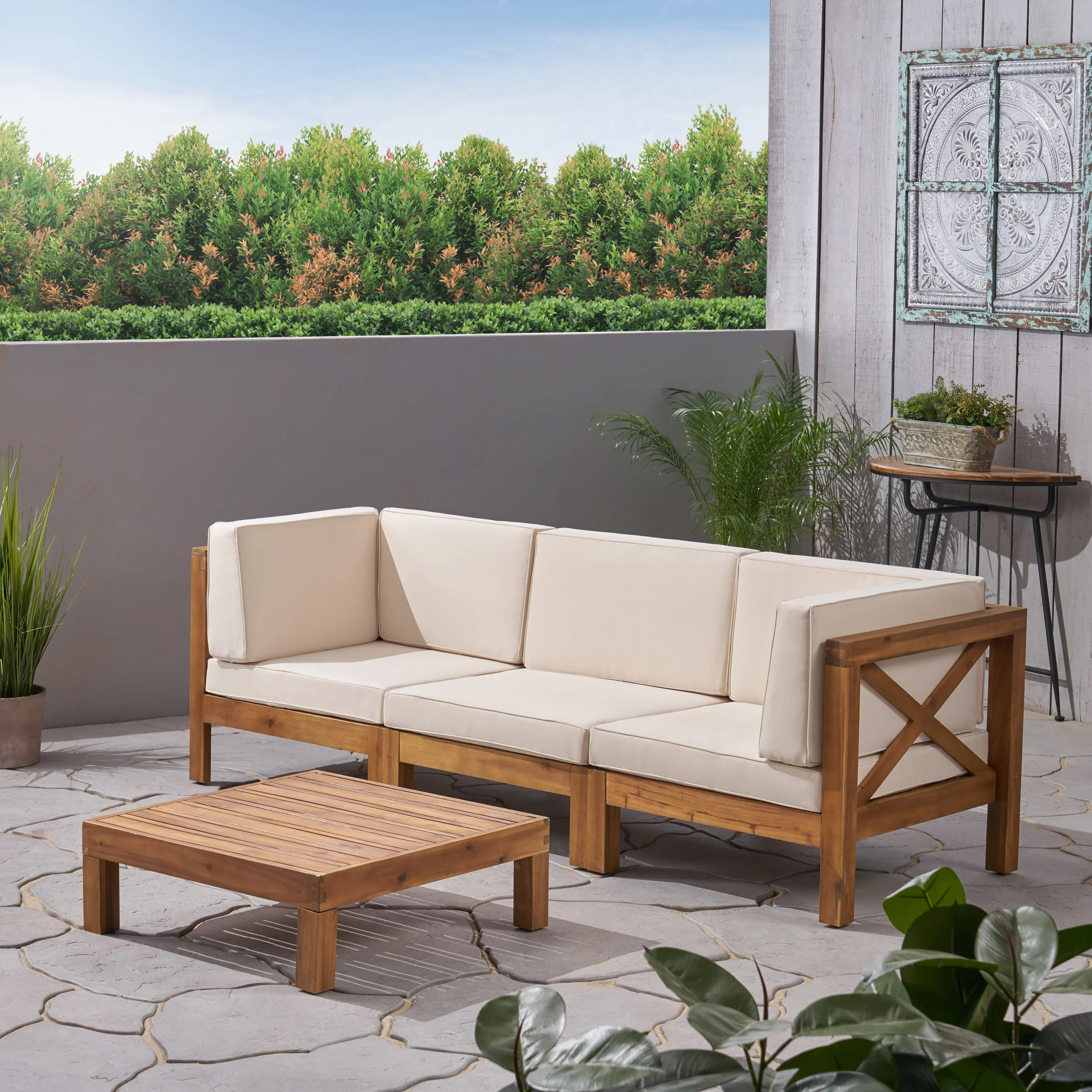 Brava Outdoor Modular Acacia Wood Sofa and Coffee Table Set with Cushions - furnishings