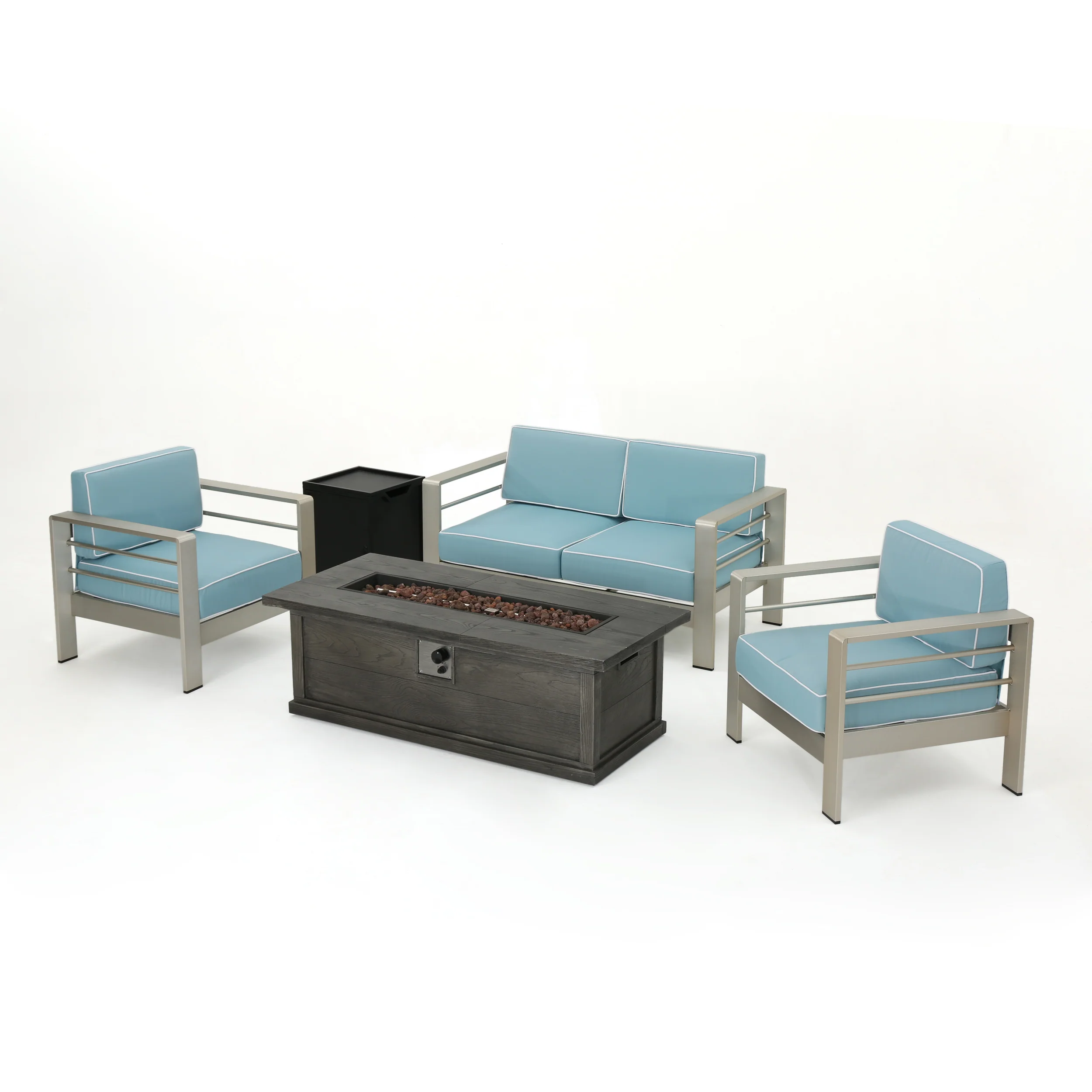 Crested Bay 5 Piece Aluminum Chat Set with Water Resistant Cushions and Fire Pit - furnishings