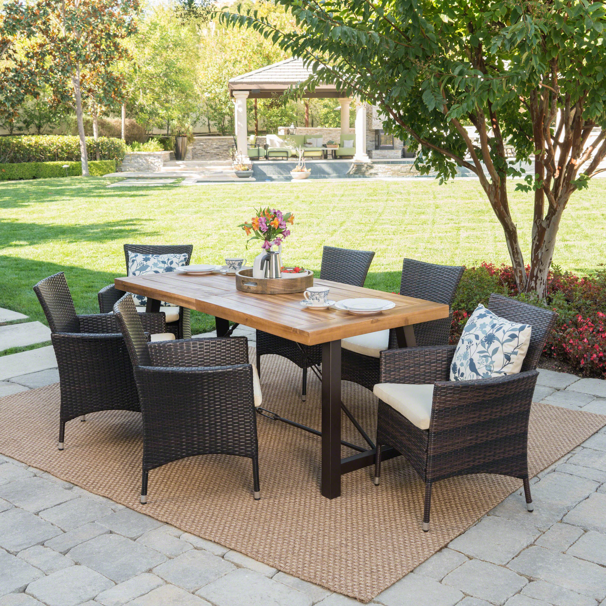 Toretto Outdoor 7 Piece Dining Set with Teak Finished Wood Table and Brown Chairs - furnishings