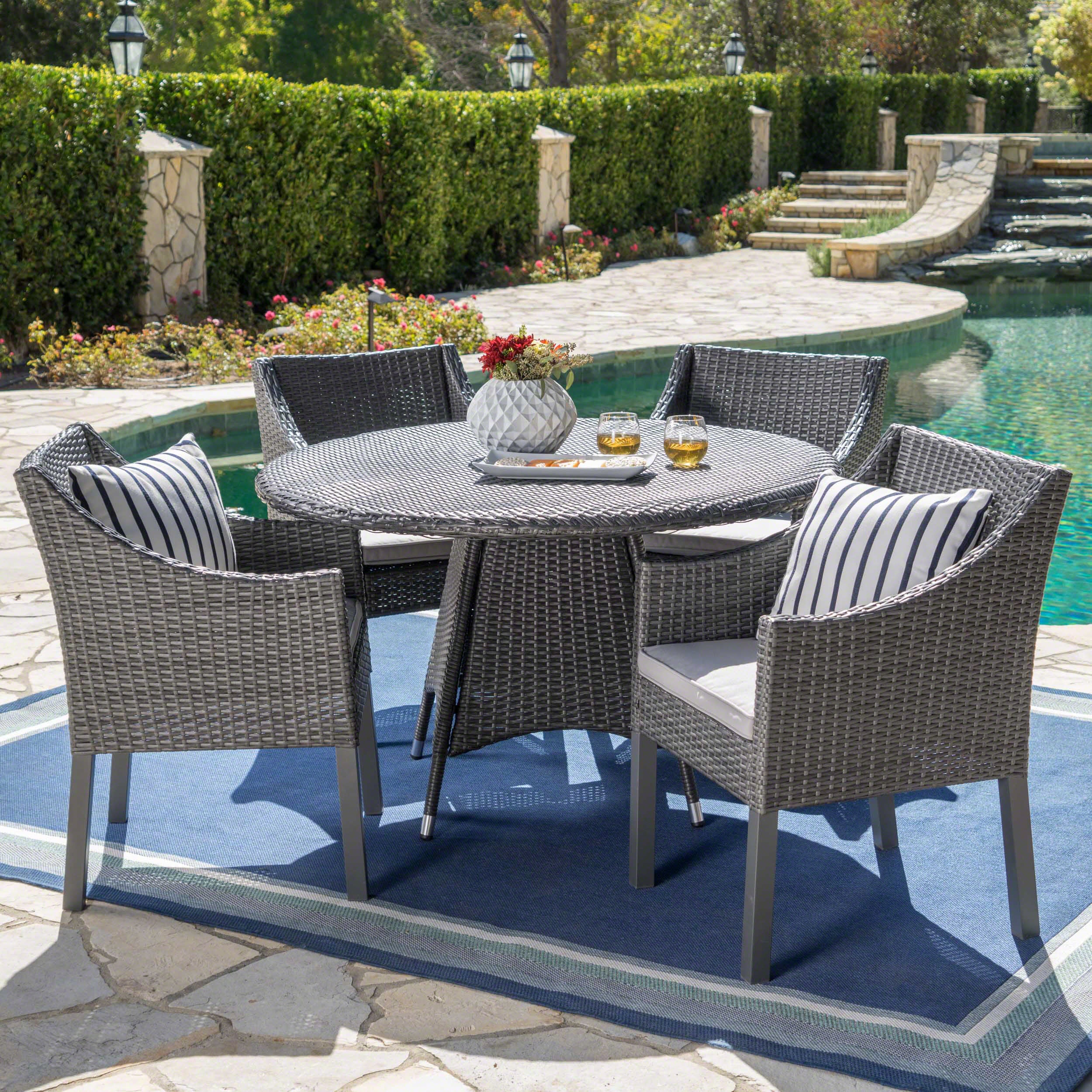 Frances Outdoor 5 Piece Wicker Dining Set with Water Resistant Cushions - furnishings